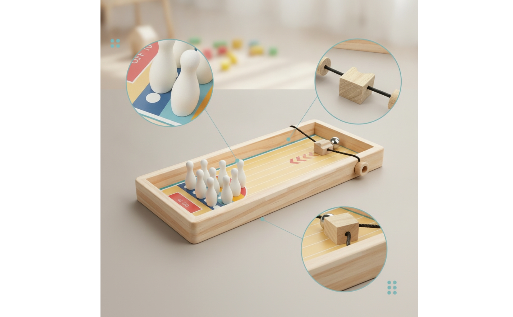 Tischbowling-Spiel mit Seilwerfer Hölzern Tischbowling Kompakt für Klassenzimmer
