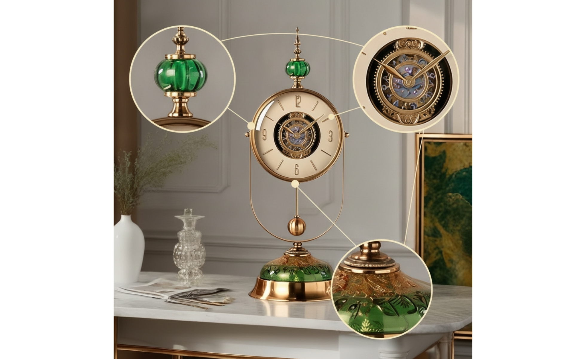 Vintage Tabletop Clock Gold-Tone Clock with Pendulum Decorative for Living Room