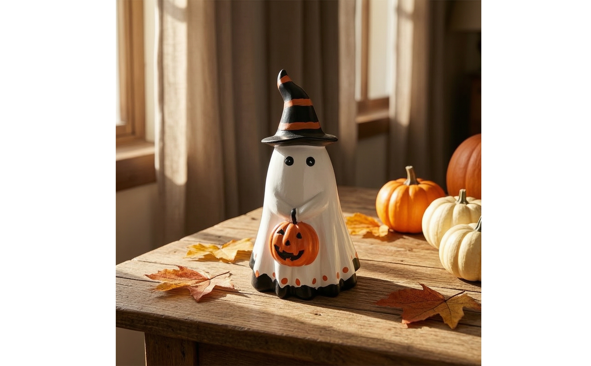 Ghost Figurine with Pumpkin Resin Witch Hat Ghost Statue Halloween