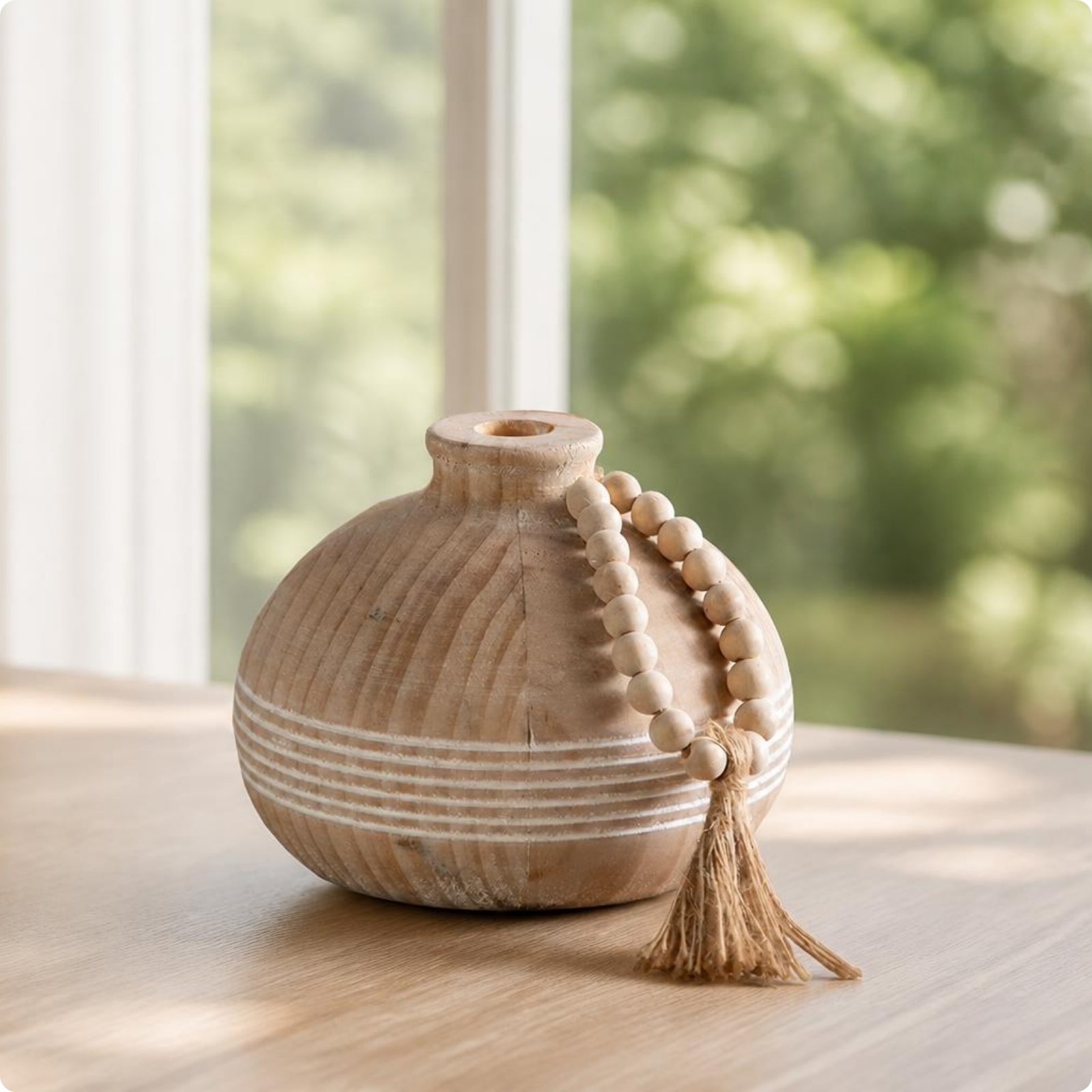 Holzvase mit Perlenkette natürlich Dekovase Vintage für Wohnzimmer