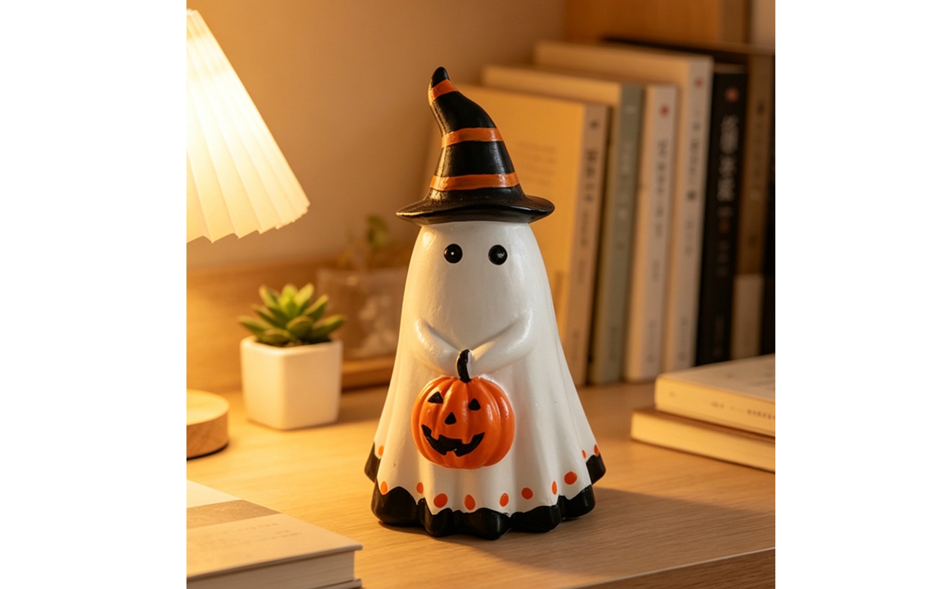 Ghost Figurine with Pumpkin Resin Witch Hat Ghost Statue Halloween