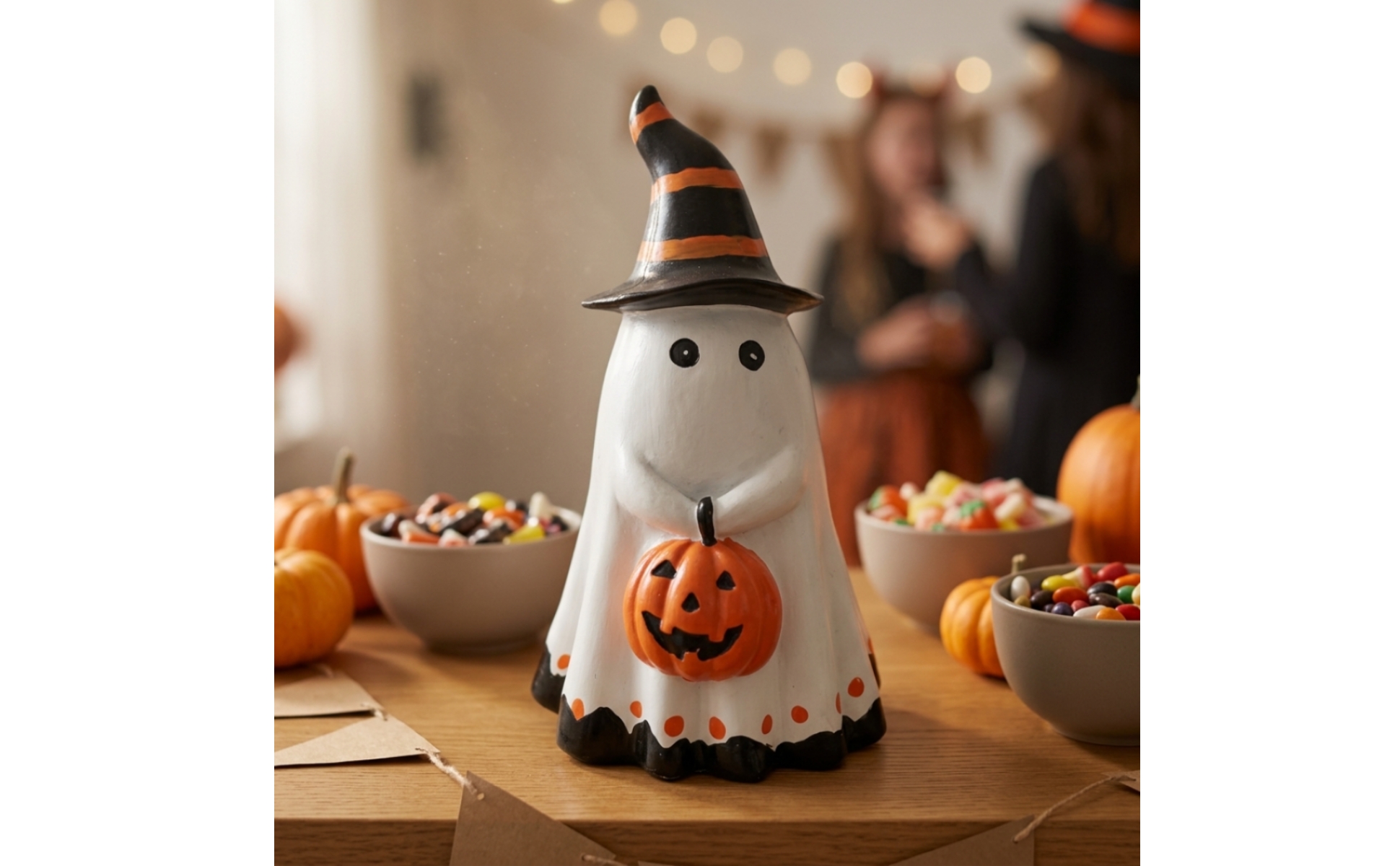 Ghost Figurine with Pumpkin Resin Witch Hat Ghost Statue Halloween