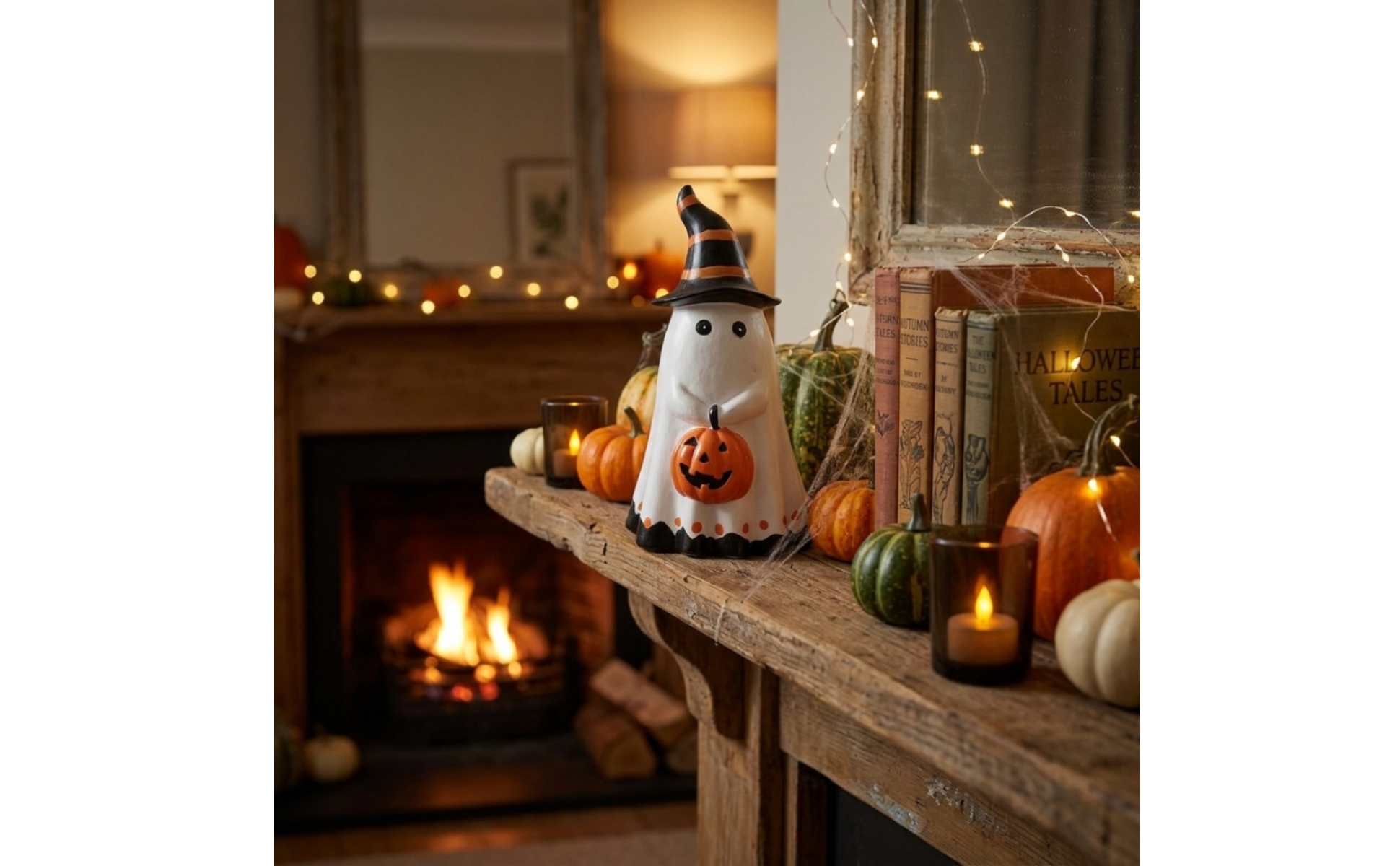 Ghost Figurine with Pumpkin Resin Witch Hat Ghost Statue Halloween