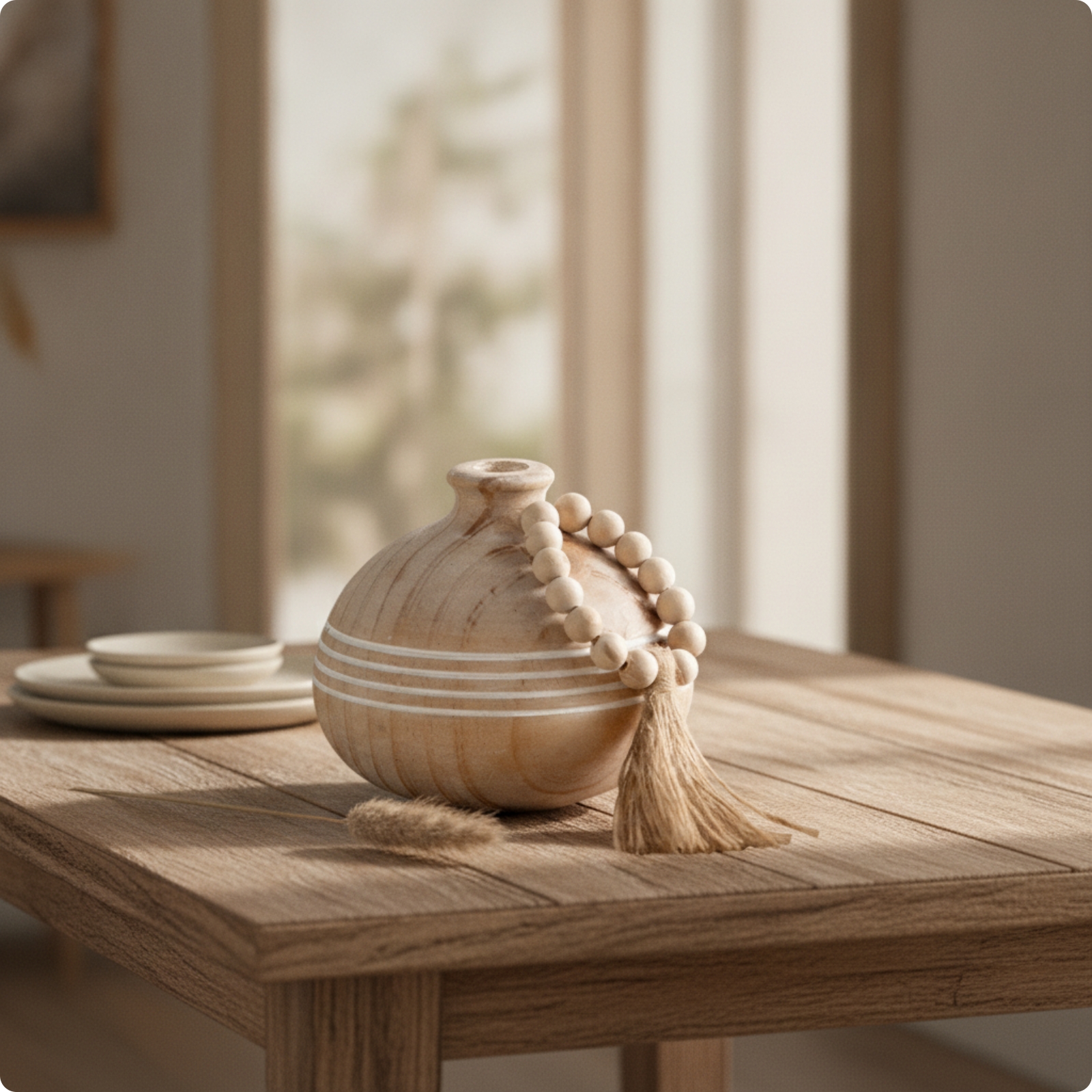 Holzvase mit Perlenkette gestreift Dekovase Boho für Wohnzimmer, Deko-Liebhaber