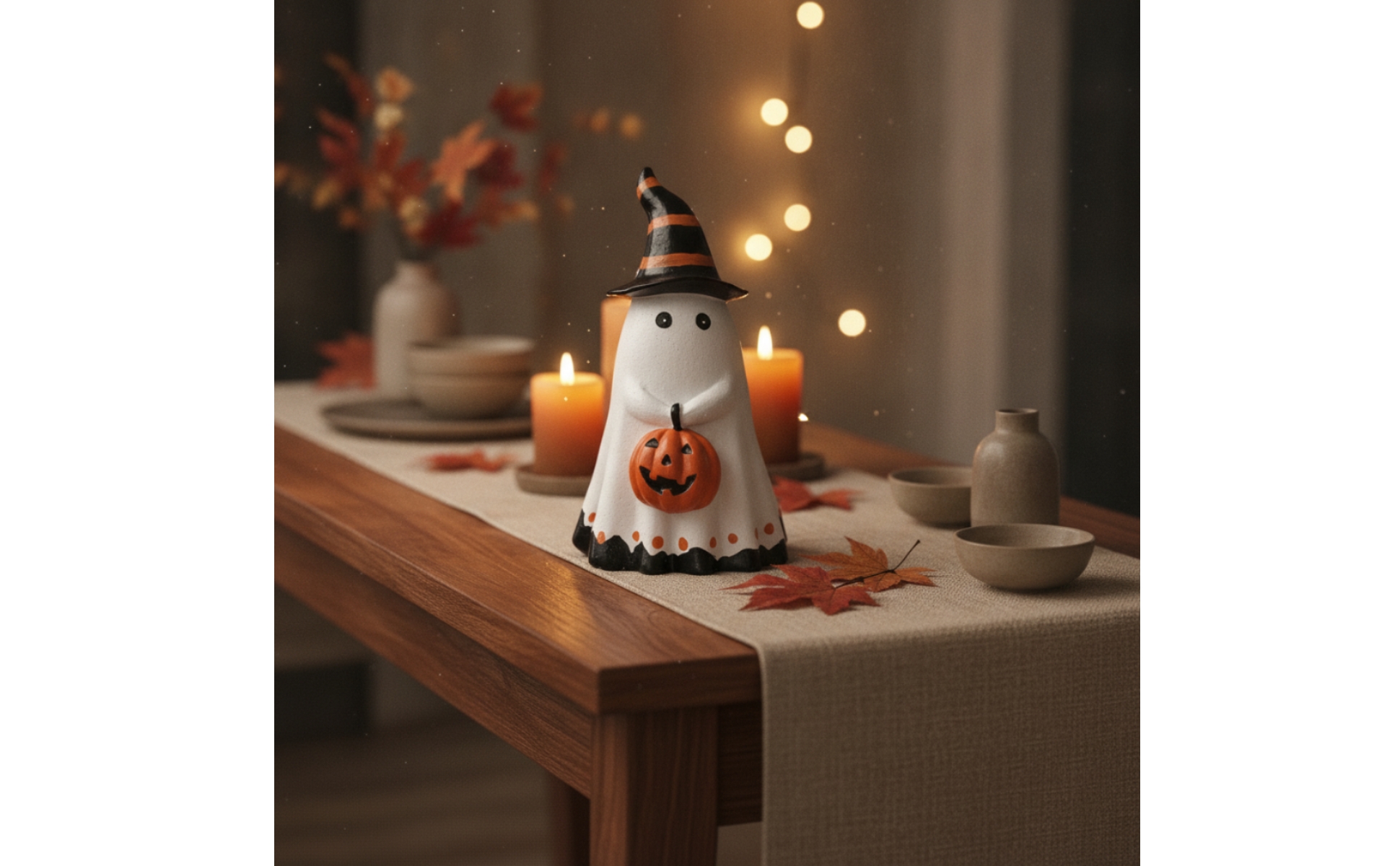 Ghost Figurine with Pumpkin Resin Witch Hat Ghost Statue Halloween