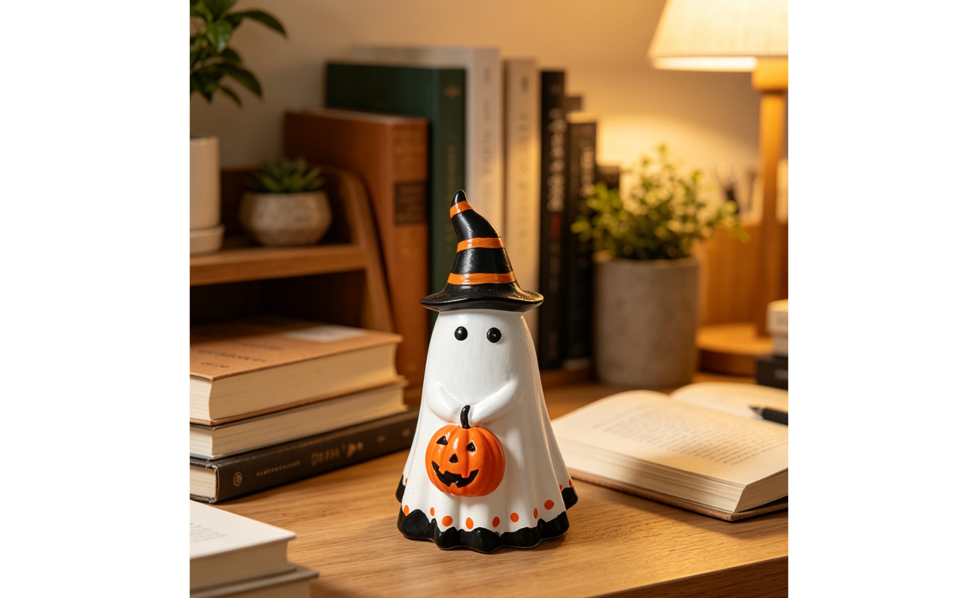 Ghost Figurine with Pumpkin Resin Witch Hat Ghost Statue Halloween