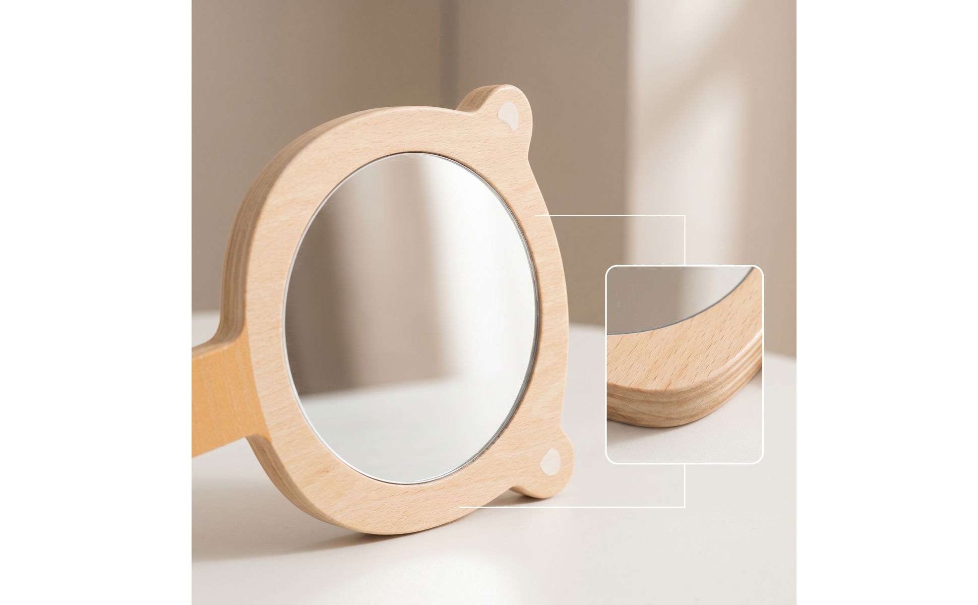 Bear Mirror with Loop Natural Wooden Handheld Mirror Smooth for Toddlers, Babies