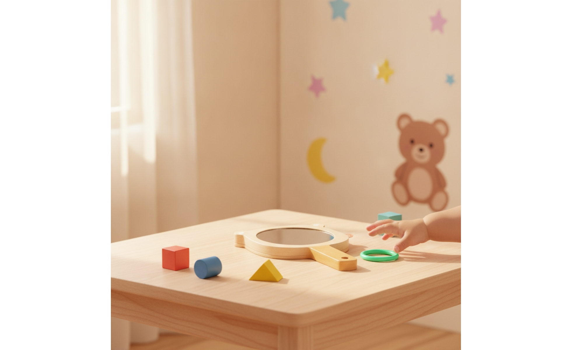 Bear Mirror with Loop Natural Wooden Handheld Mirror Smooth for Toddlers, Babies