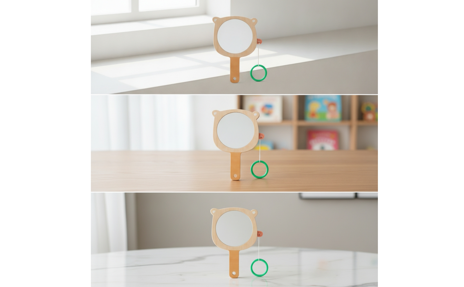 Bear Mirror with Loop Natural Wooden Handheld Mirror Smooth for Toddlers, Babies