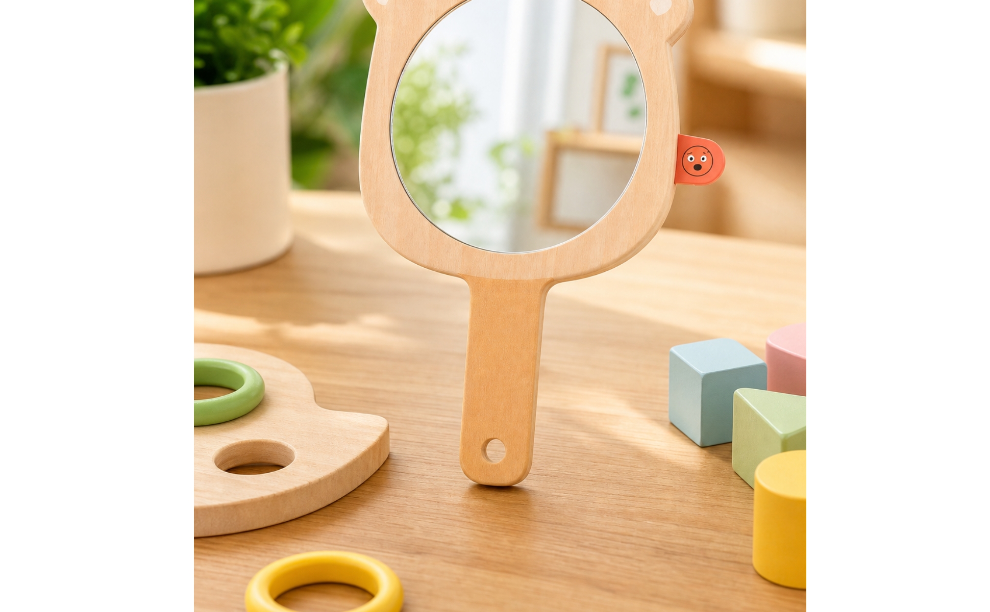 Bear Mirror with Loop Natural Wooden Handheld Mirror Smooth for Toddlers, Babies