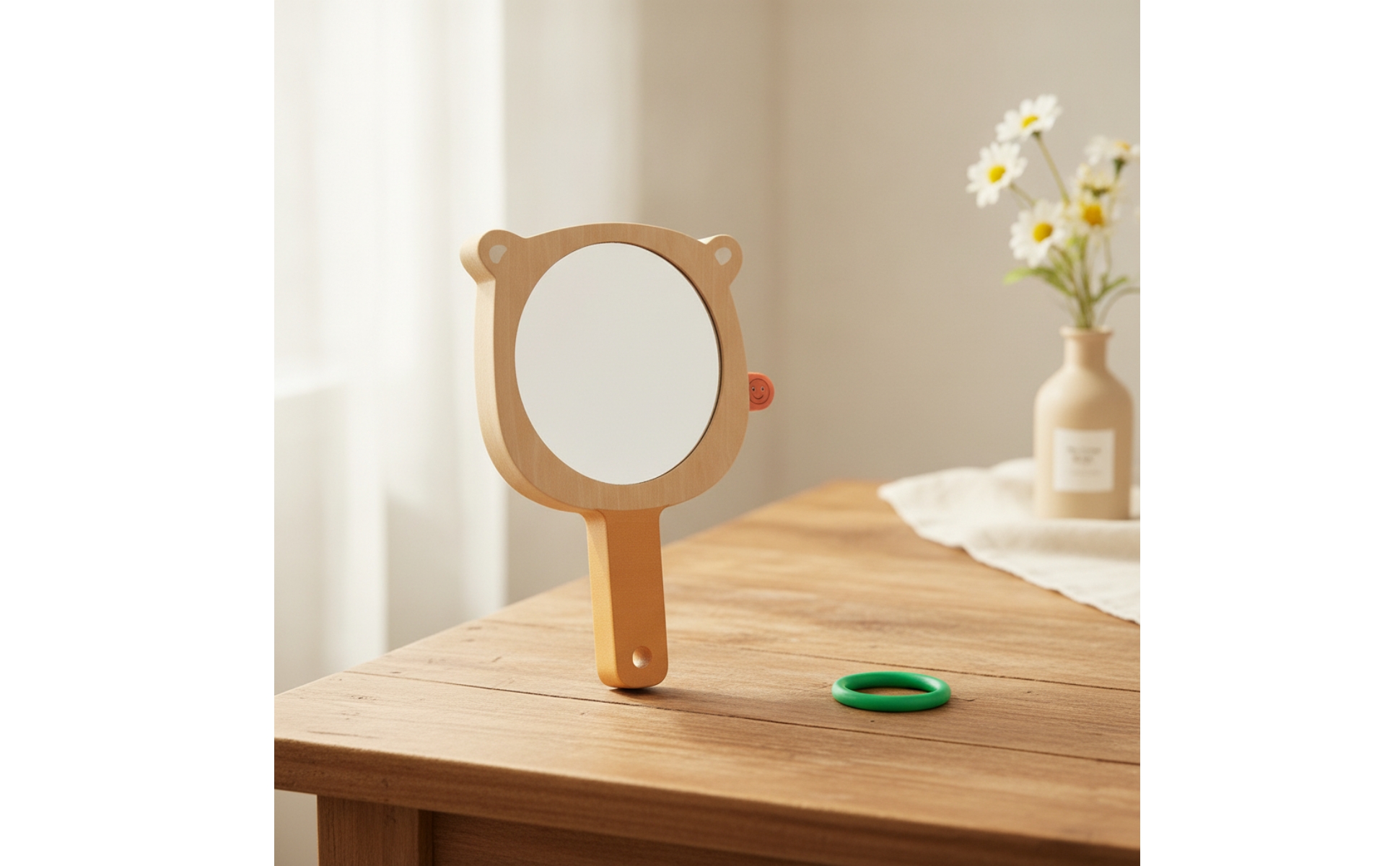 Bear Mirror with Loop Natural Wooden Handheld Mirror Smooth for Toddlers, Babies