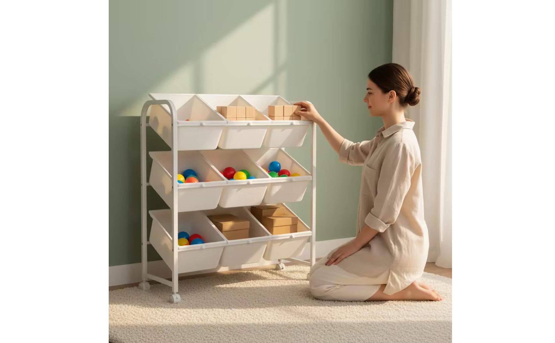 Toy Storage Rack with Bins 3-Tier Rolling Toy Organizer Mobile for Classroom