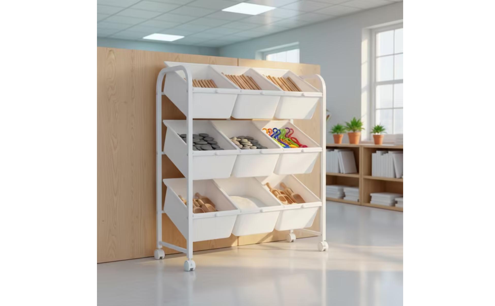 Toy Storage Rack with Bins 3-Tier Rolling Toy Organizer Mobile for Classroom