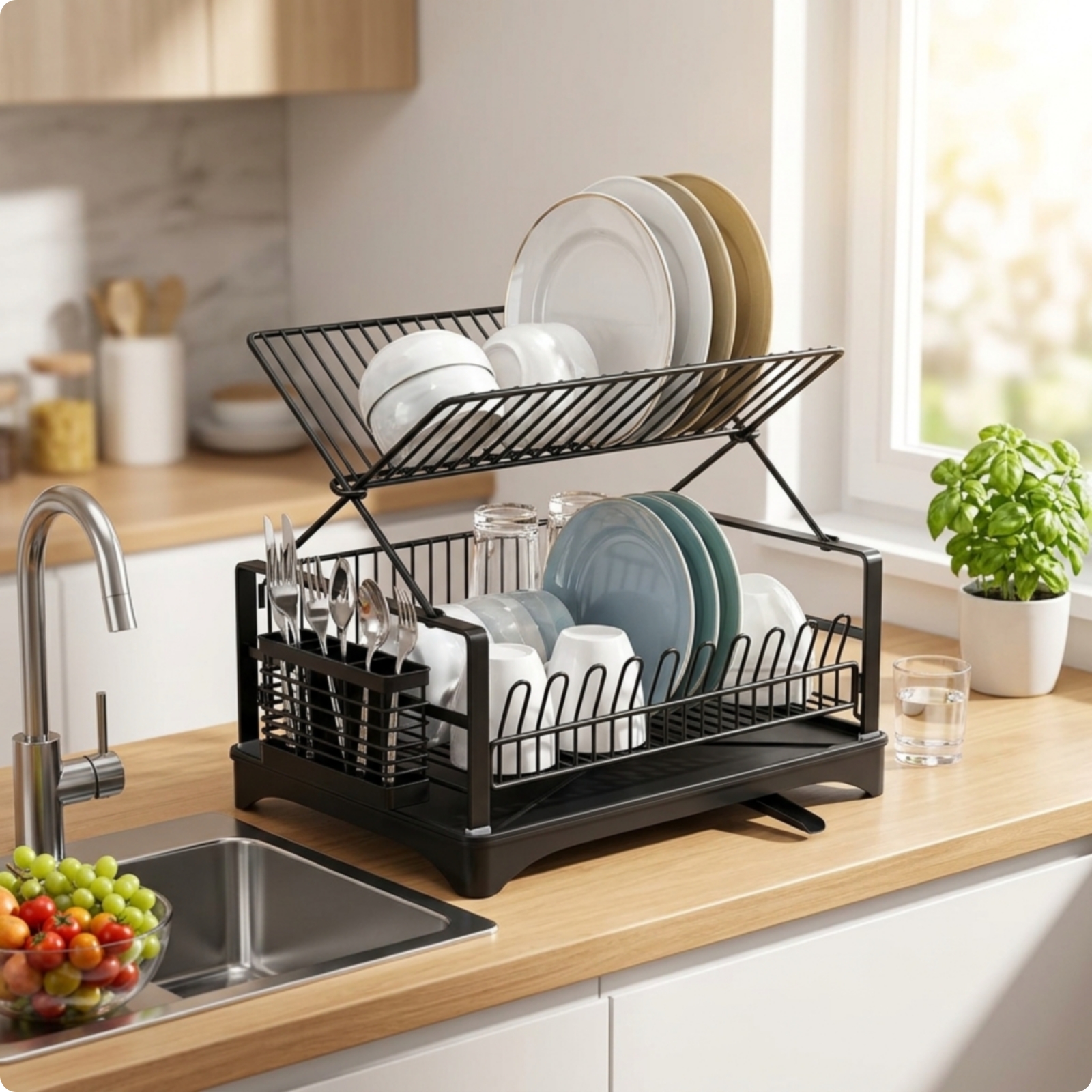 Dish Drying Rack with Water-Collecting Tray Rust-Resistant 2-Tier Dish Rack