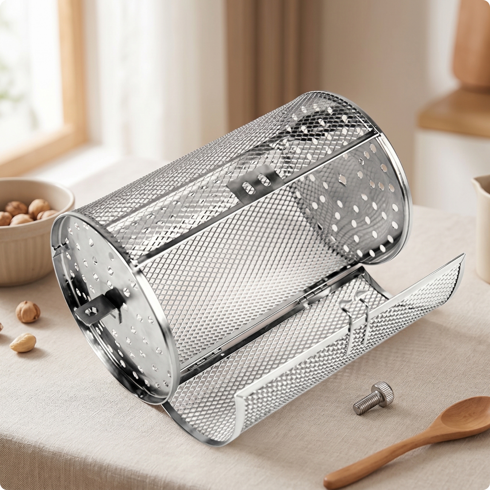 Rotating Grill Basket Perforated Rotisserie Drum Stainless Steel