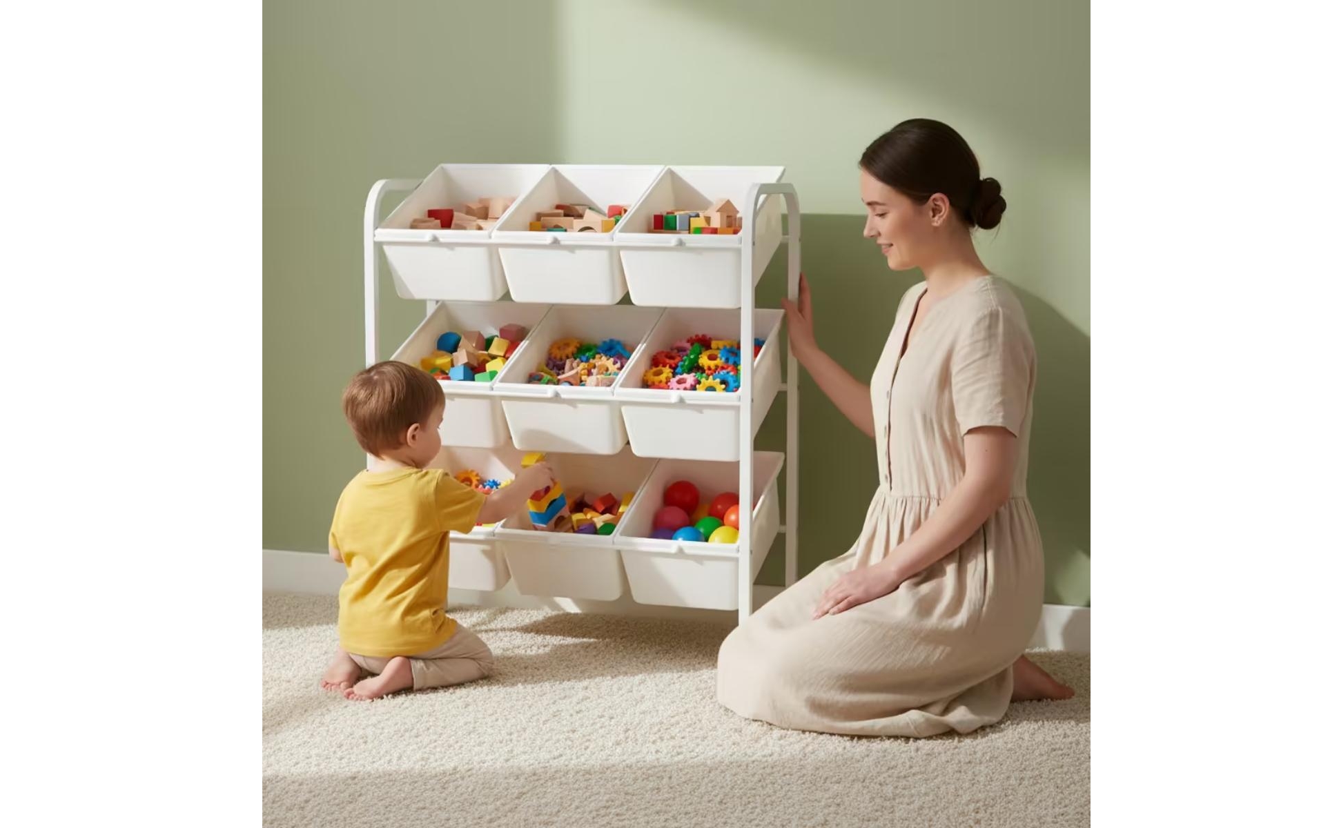 Toy Storage Rack with Bins 3-Tier Rolling Toy Organizer Mobile for Classroom
