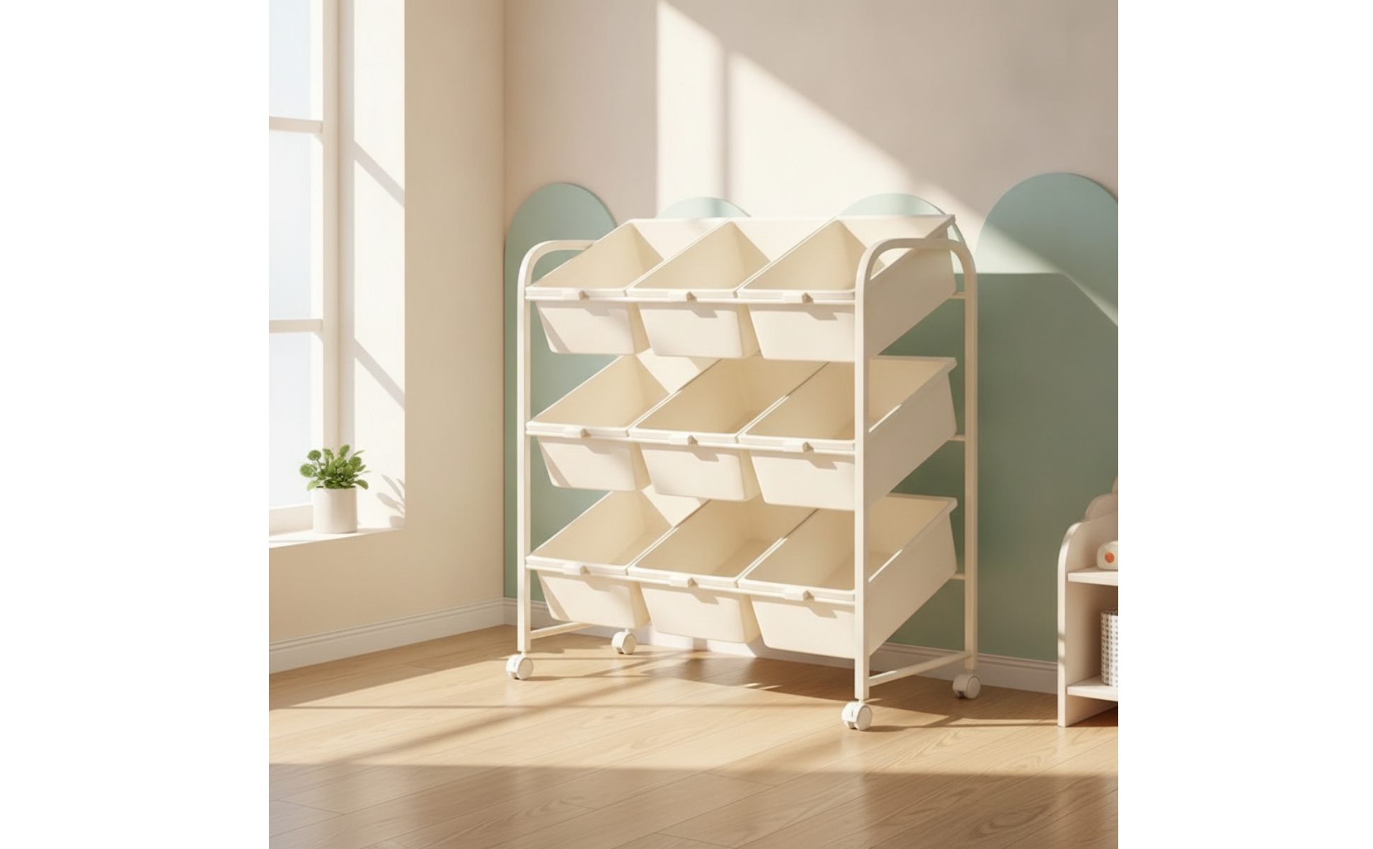 Toy Storage Rack with Bins 3-Tier Rolling Toy Organizer Mobile for Classroom