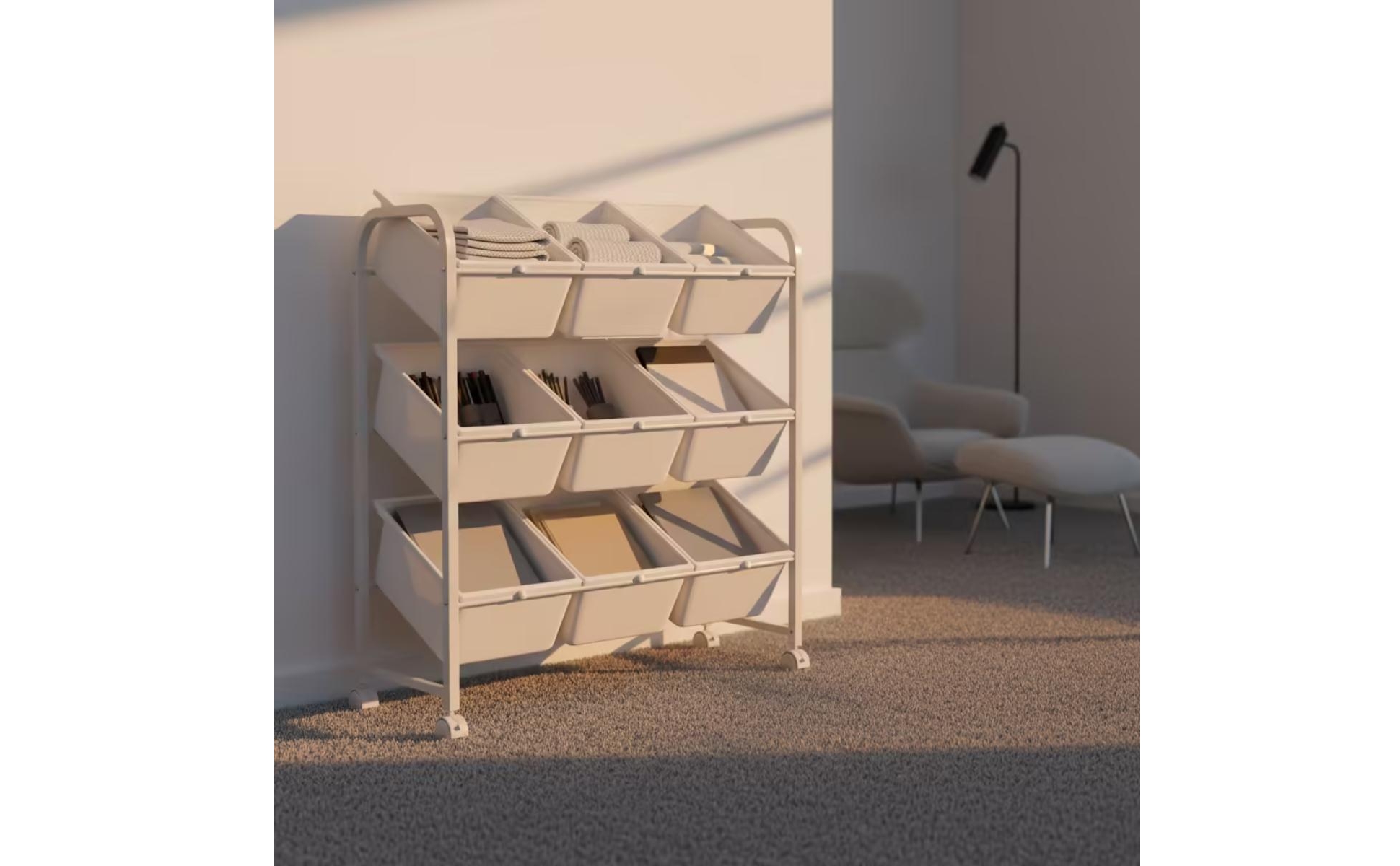 Toy Storage Rack with Bins 3-Tier Rolling Toy Organizer Mobile for Classroom