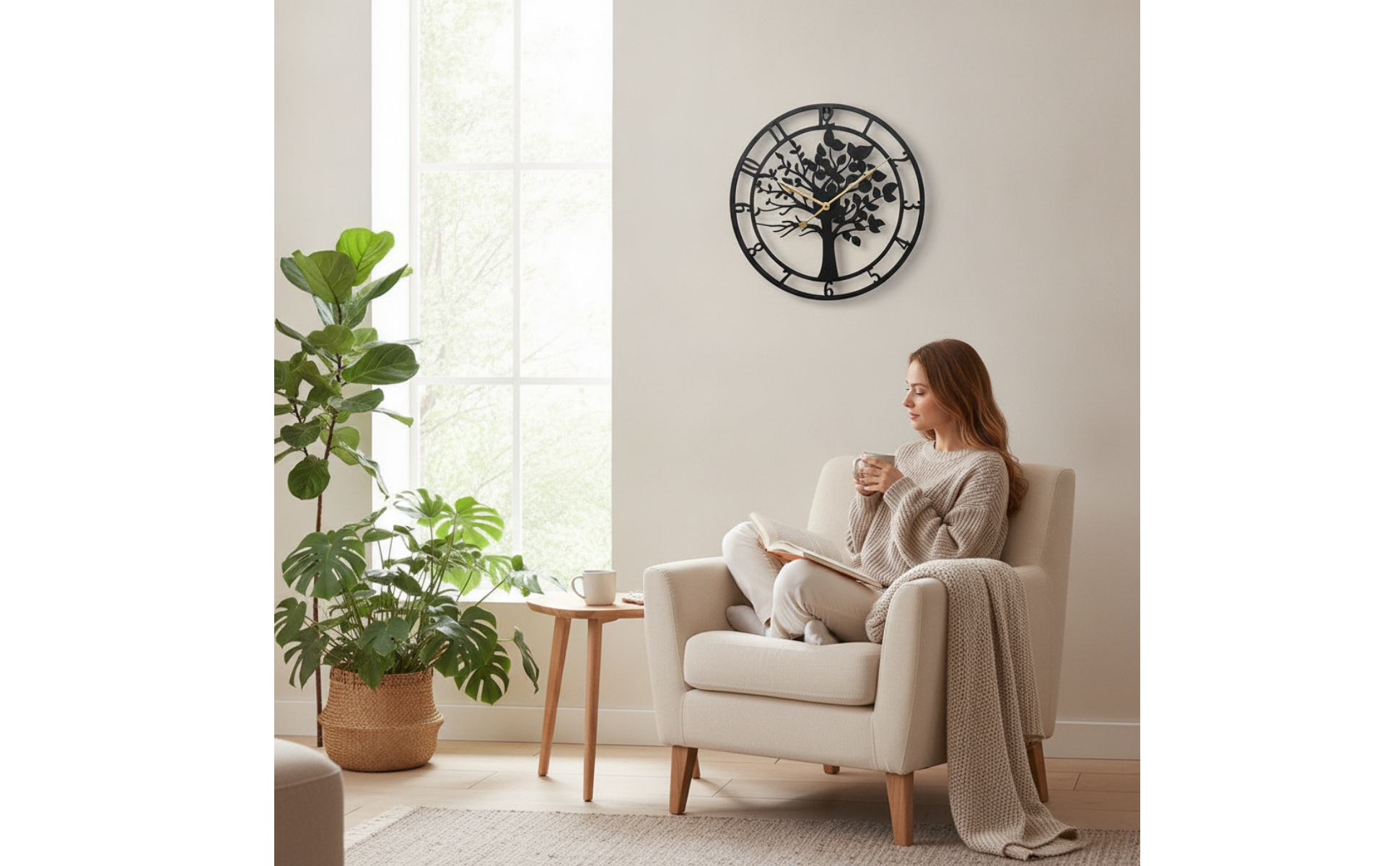 Wall Clock with Tree Silhouette Openwork Metal Wall Clock Artistic for Bedroom