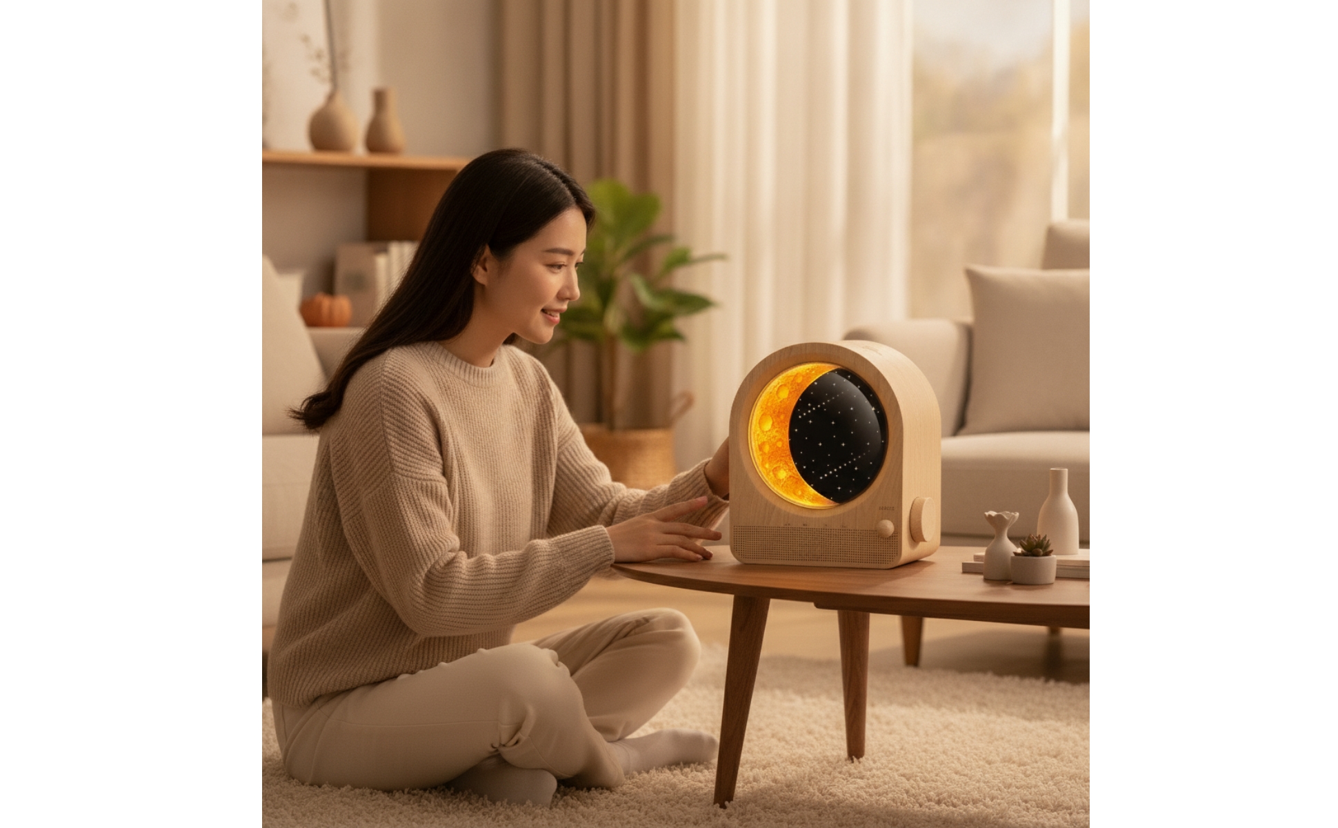 Alarm Clock with Moon Lamp Digital Wood Grain Alarm Clock Corded for Nightstand