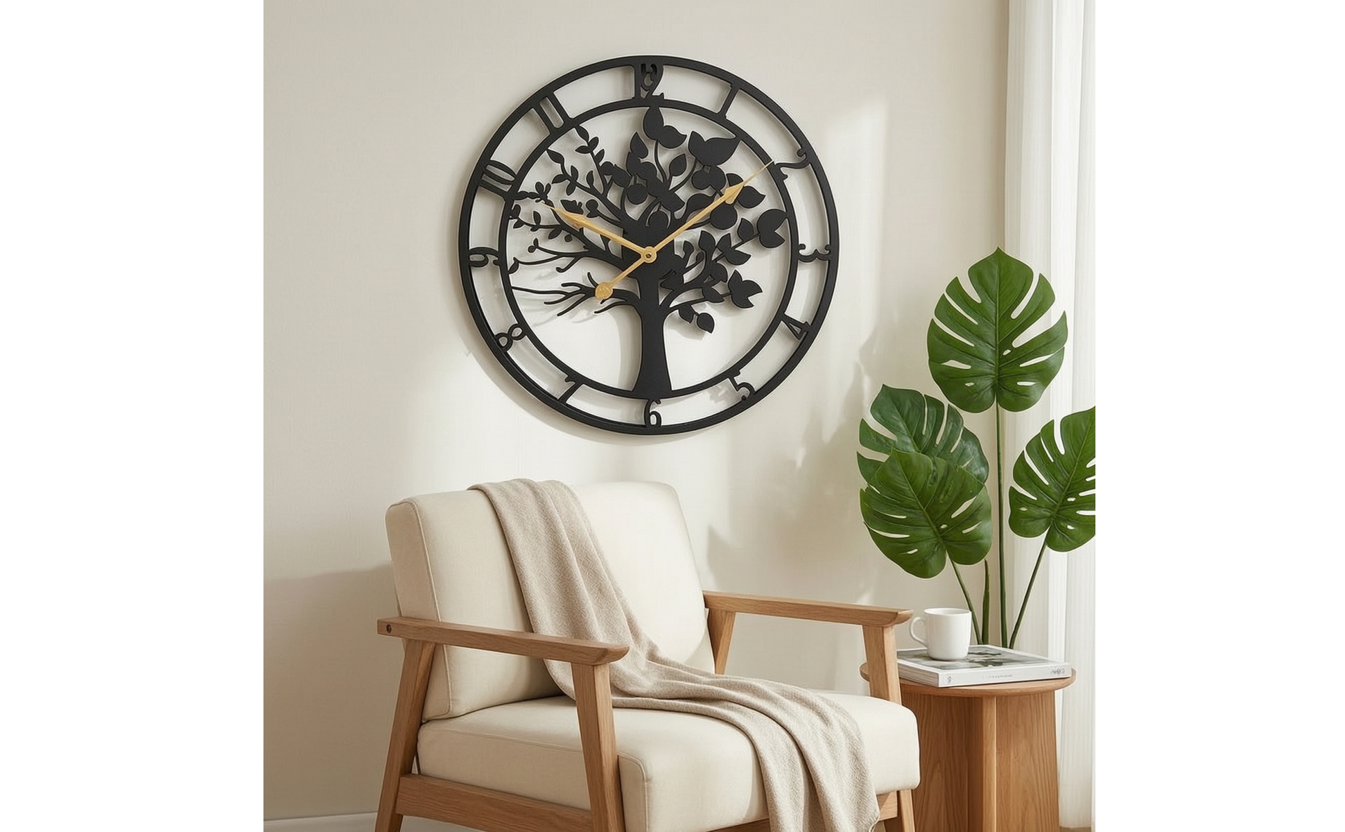 Wall Clock with Tree Silhouette Openwork Metal Wall Clock Artistic for Bedroom