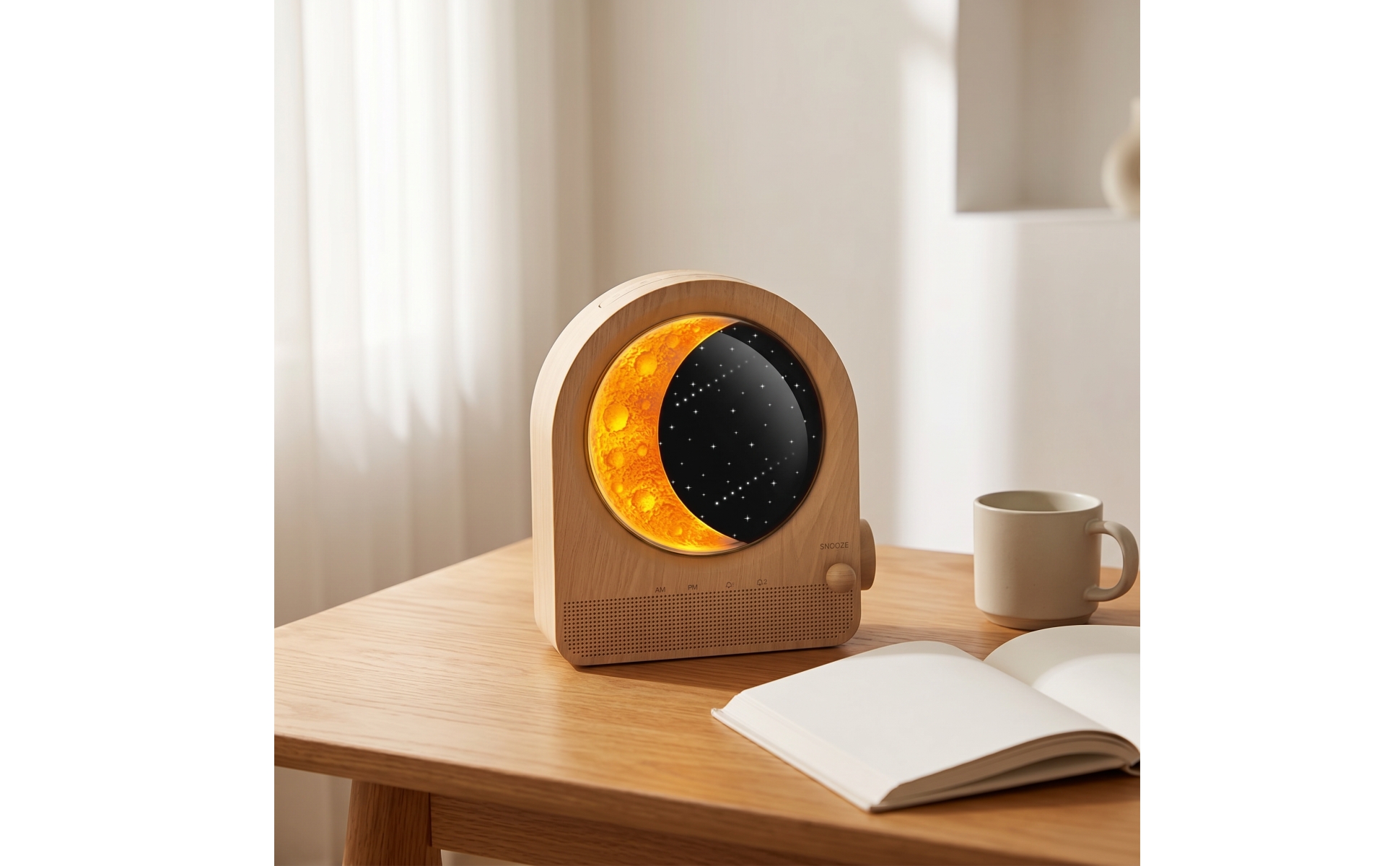 Alarm Clock with Moon Lamp Digital Wood Grain Alarm Clock Corded for Nightstand
