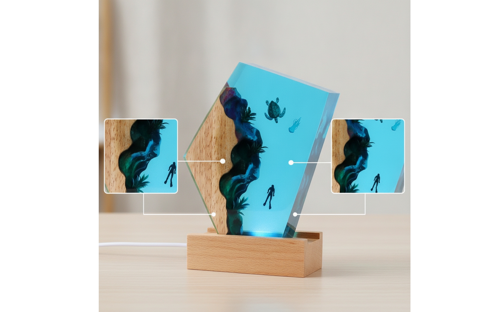 Ocean Night Light with Acrylic Panel Underwater 3D Night Light with Wood Base
