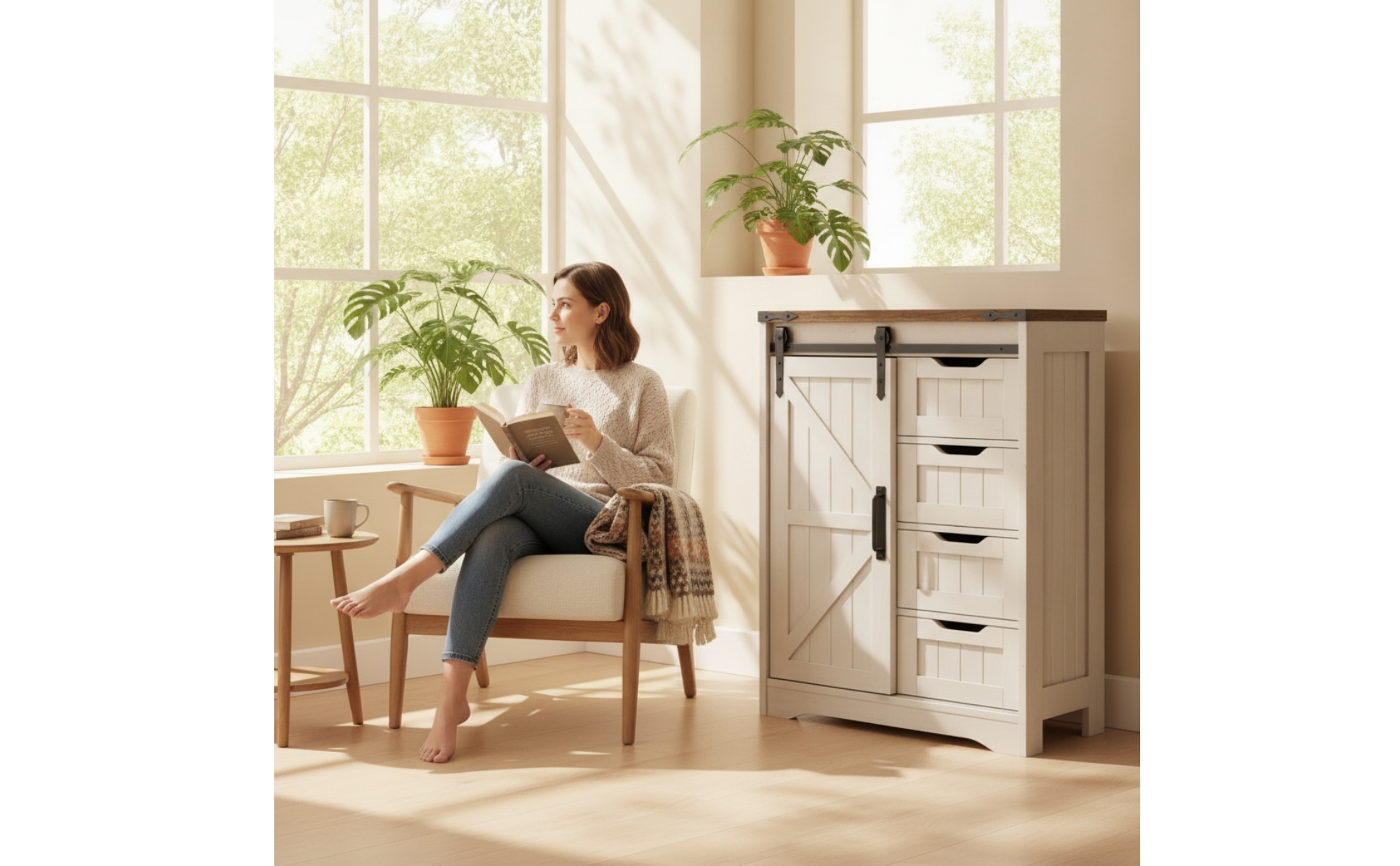 Storage Cabinet with Drawers and Door Stylish Cupboard Farmhouse for Bathroom