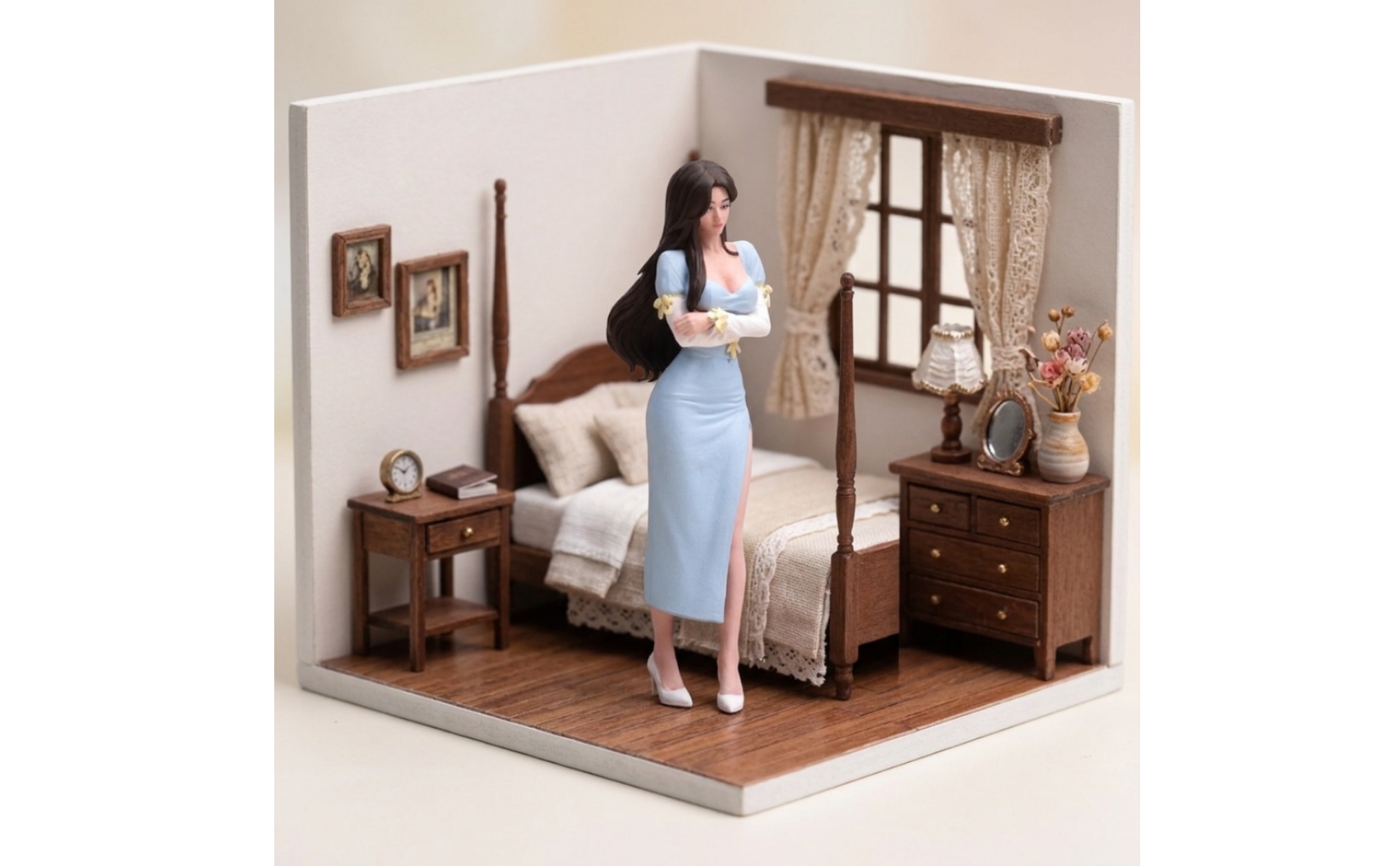 Female Figurine Detailed Miniature Figure with Dress Small-Scale for Collectors