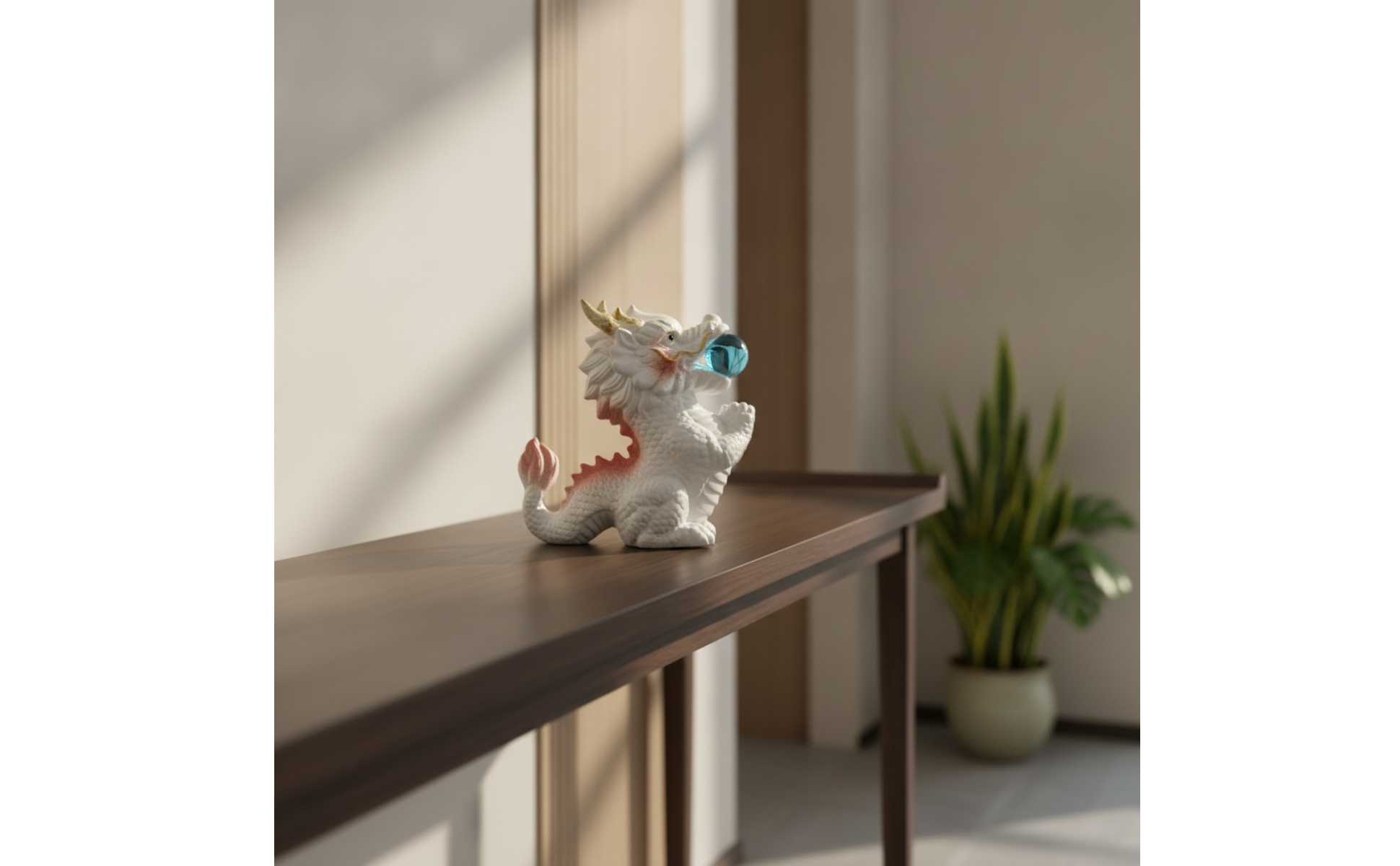 Dragon Figurine with Sphere Tabletop Ceramic Dragon Sculpted for Living Room
