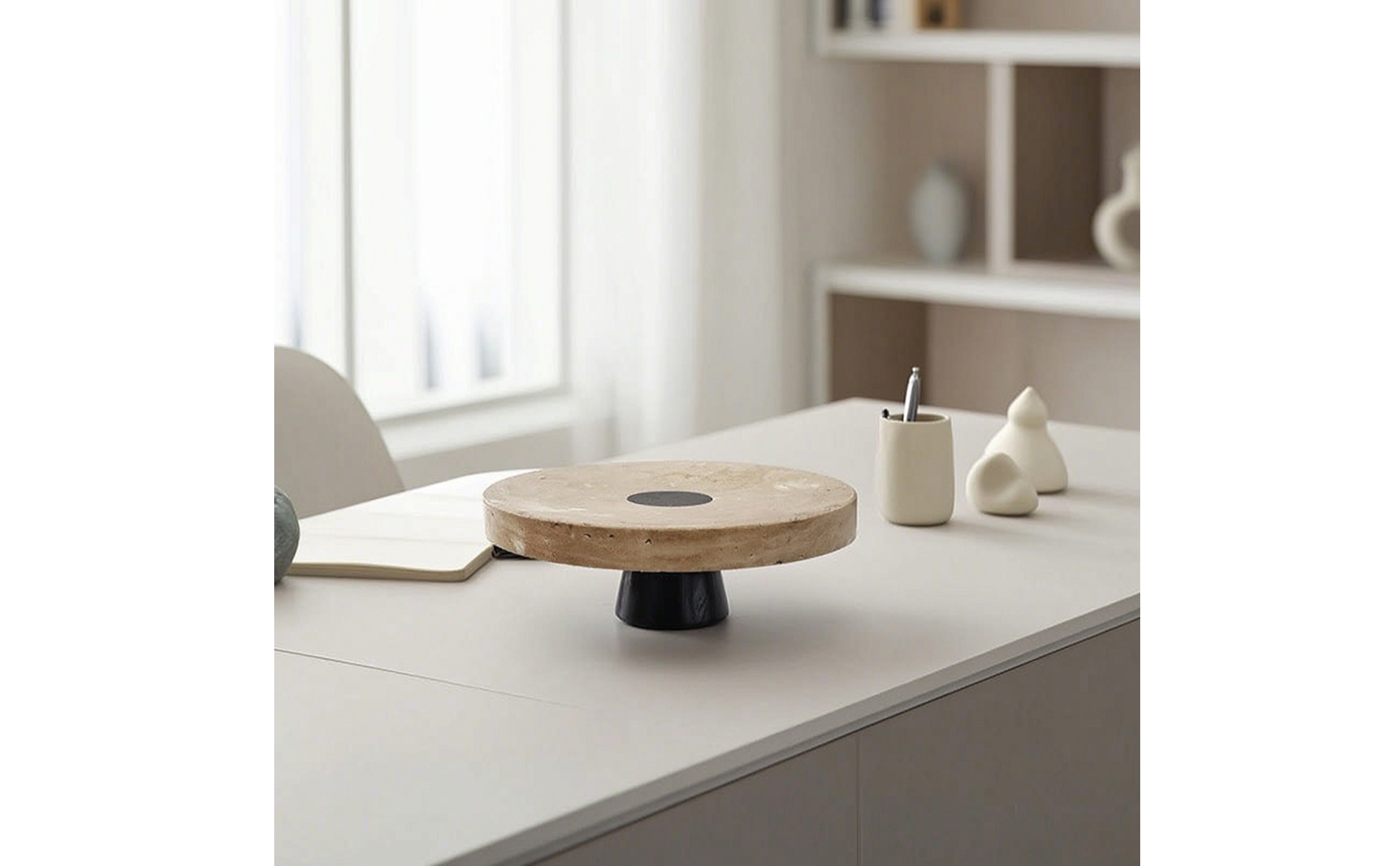 Travertine Stone Platter Versatile Fruit Bowl with Pedestal Sculptural for Hosts