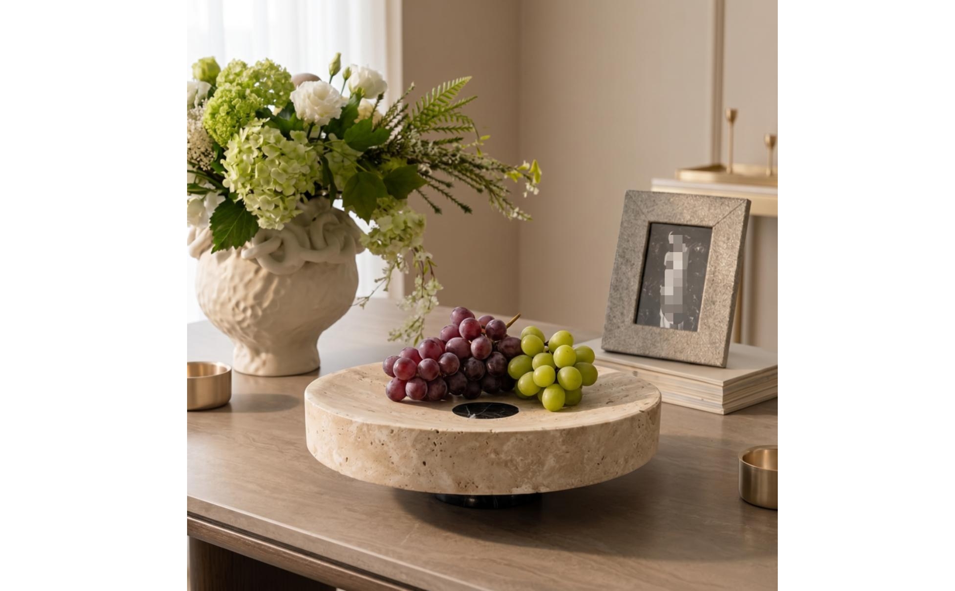 Travertine Stone Platter Versatile Fruit Bowl with Pedestal Sculptural for Hosts