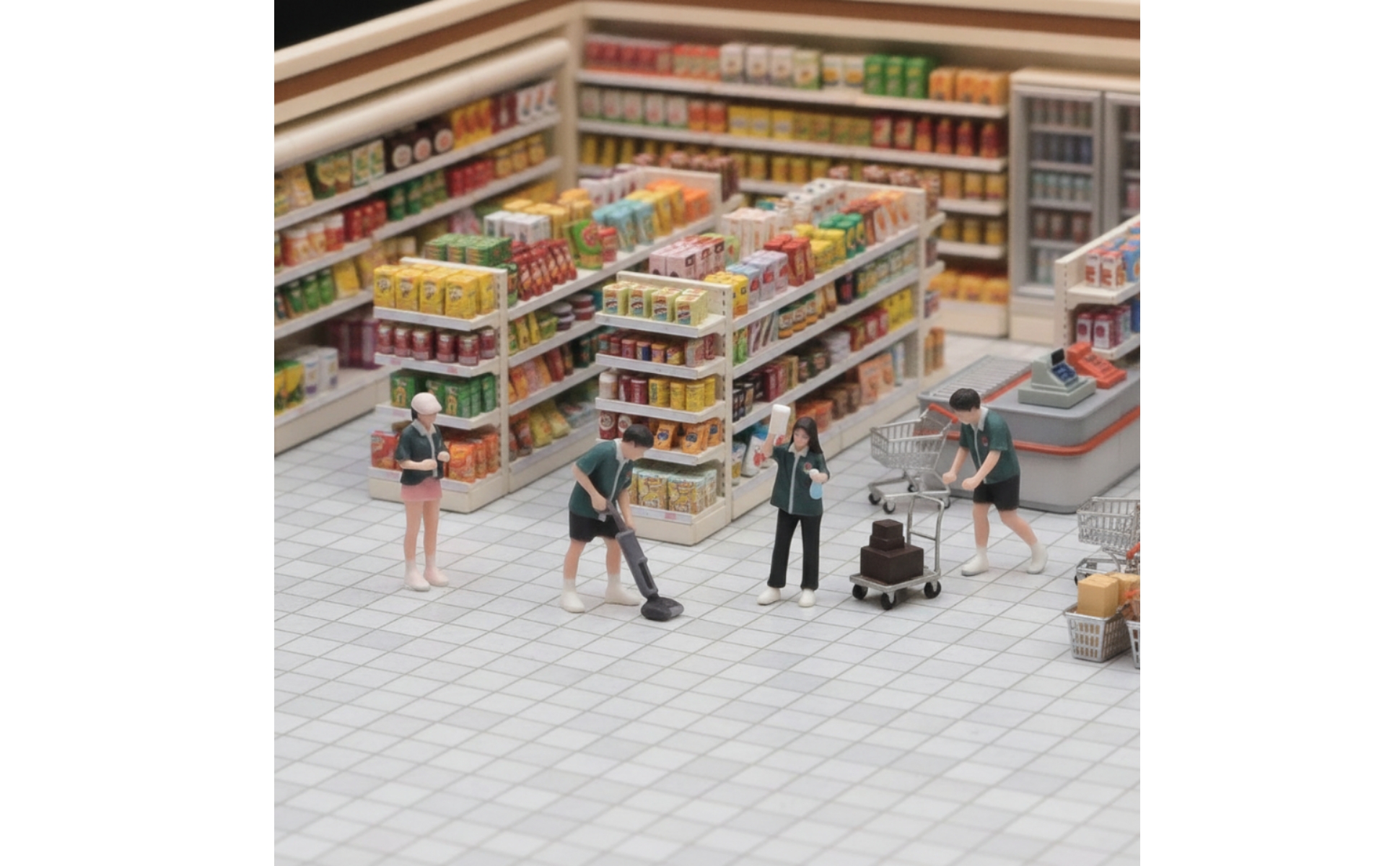4 Pieces Convenience Store Worker Figurines Painted 1:64 Scale Figures with Cart