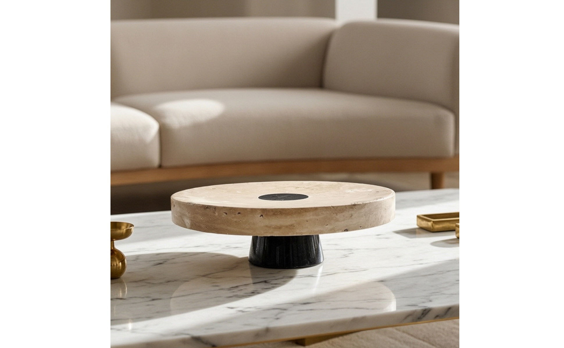 Travertine Stone Platter Versatile Fruit Bowl with Pedestal Sculptural for Hosts