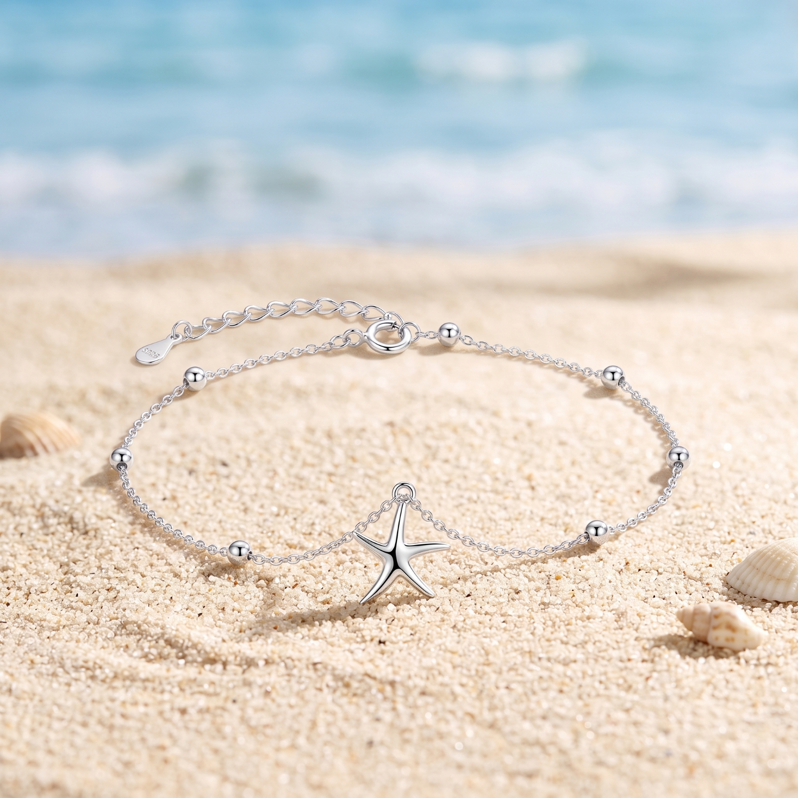 Silberfußkette mit Meerestern 925 Silber Fußkettchen elegant für Sommer, Urlaub - Produktbild 3