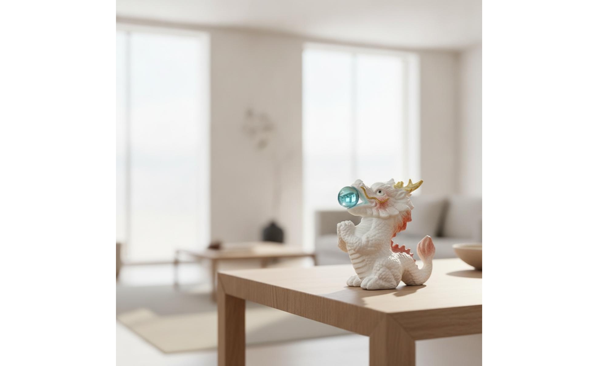 Dragon Figurine with Sphere Tabletop Ceramic Dragon Sculpted for Living Room
