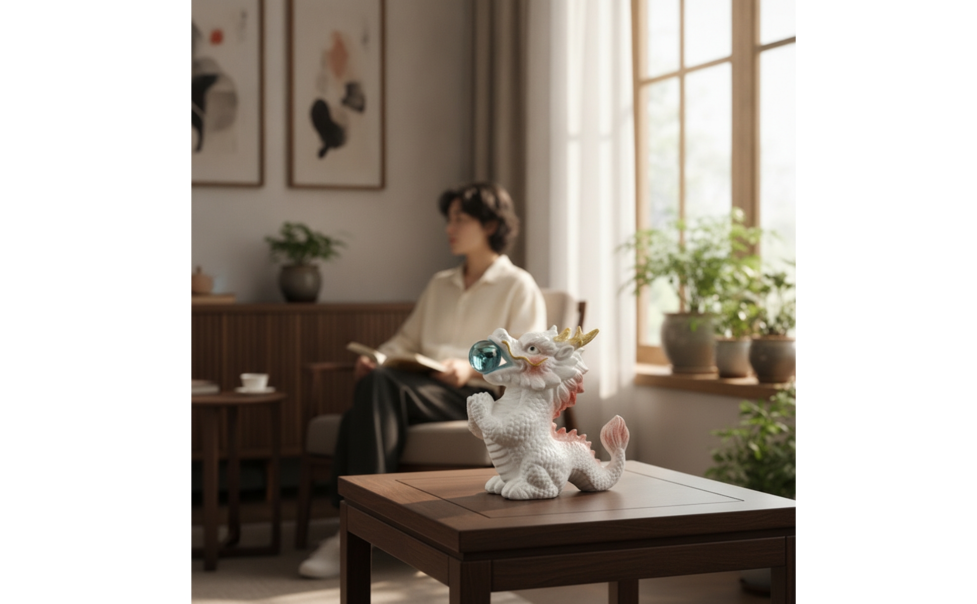 Dragon Figurine with Sphere Tabletop Ceramic Dragon Sculpted for Living Room