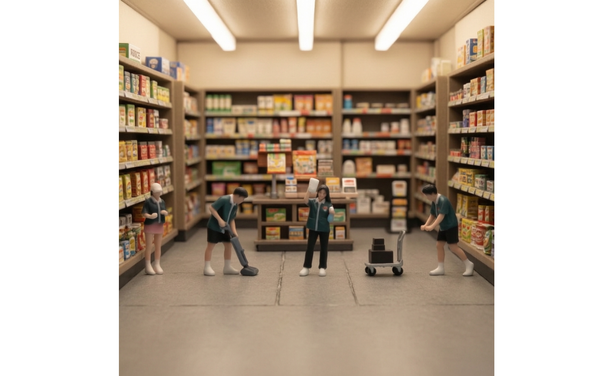 4 Pieces Convenience Store Worker Figurines Painted 1:64 Scale Figures with Cart