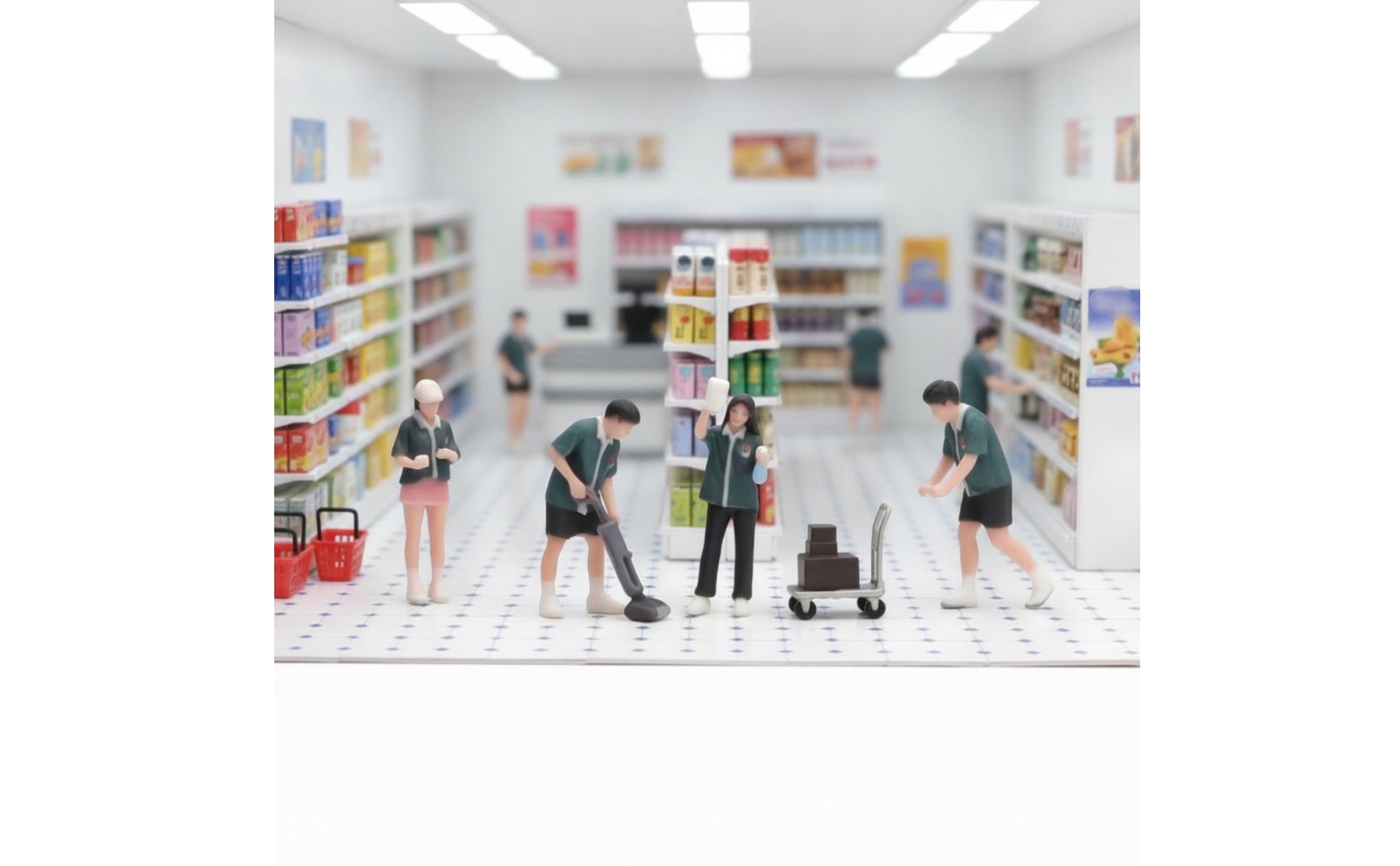 4 Pieces Convenience Store Worker Figurines Painted 1:64 Scale Figures with Cart