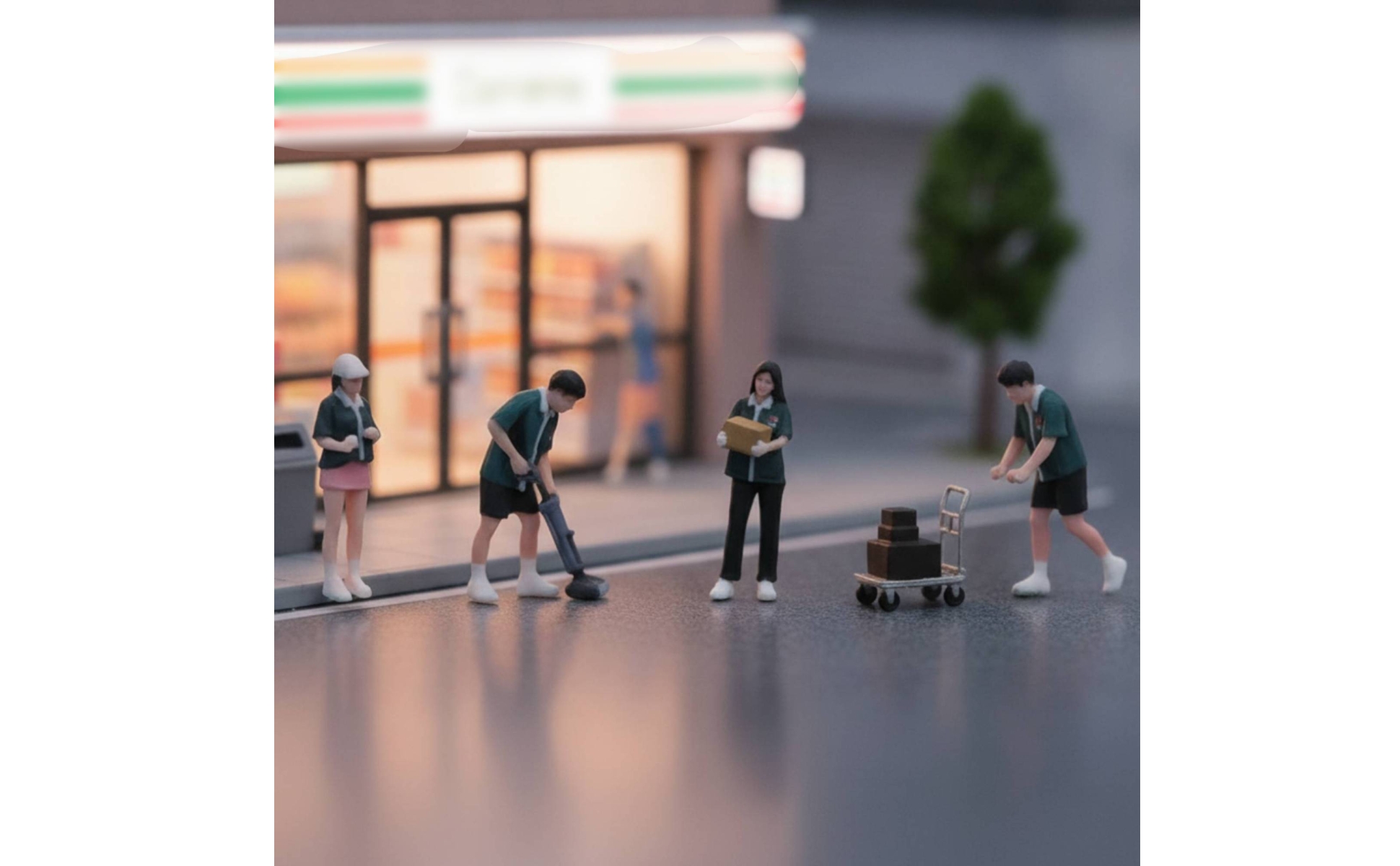 4 Pieces Convenience Store Worker Figurines Painted 1:64 Scale Figures with Cart