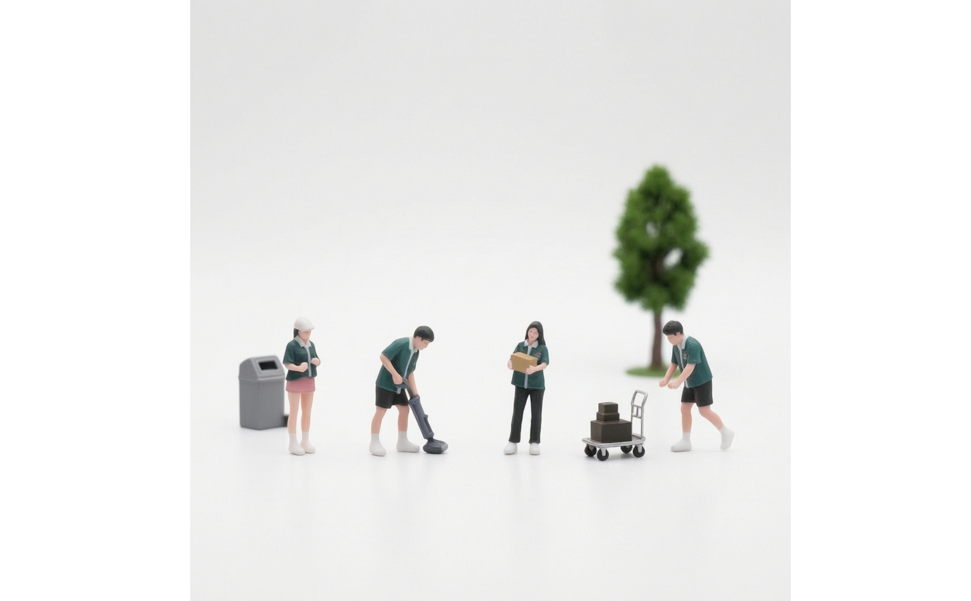 4 Pieces Convenience Store Worker Figurines Painted 1:64 Scale Figures with Cart