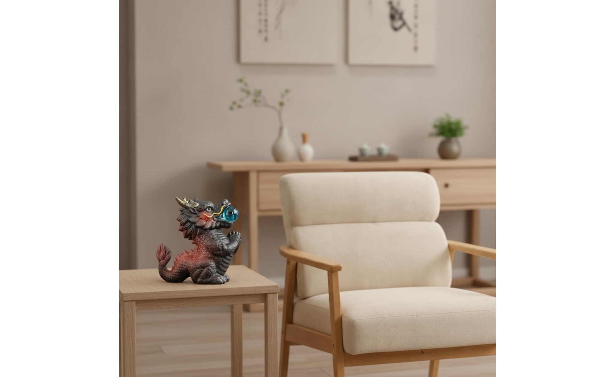 Dragon Figurine with Sphere Tabletop Ceramic Dragon Sculpted for Living Room