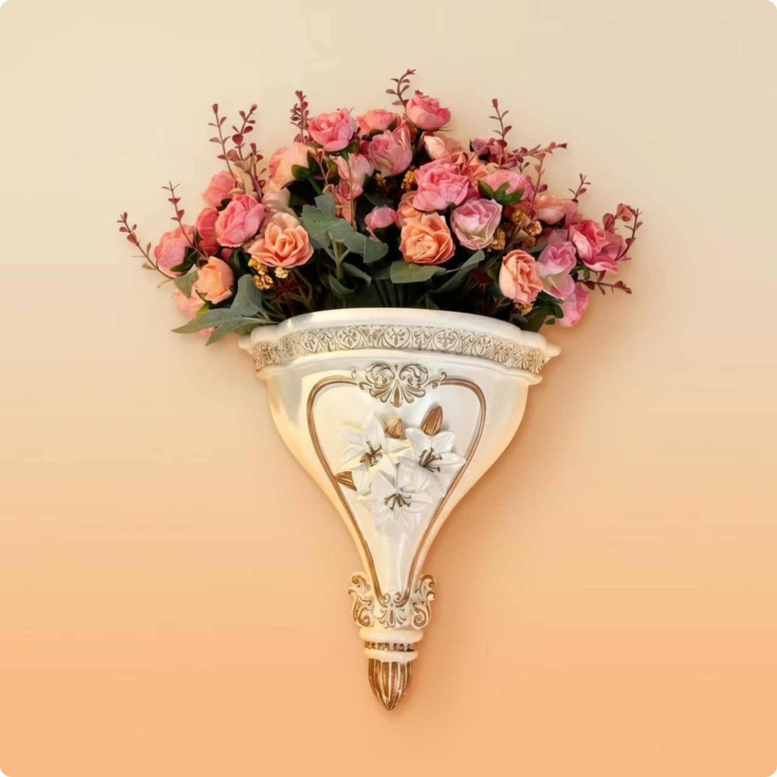 Wall Vase with Floral Relief Embossed Wall Vase Sculpted for Entryway