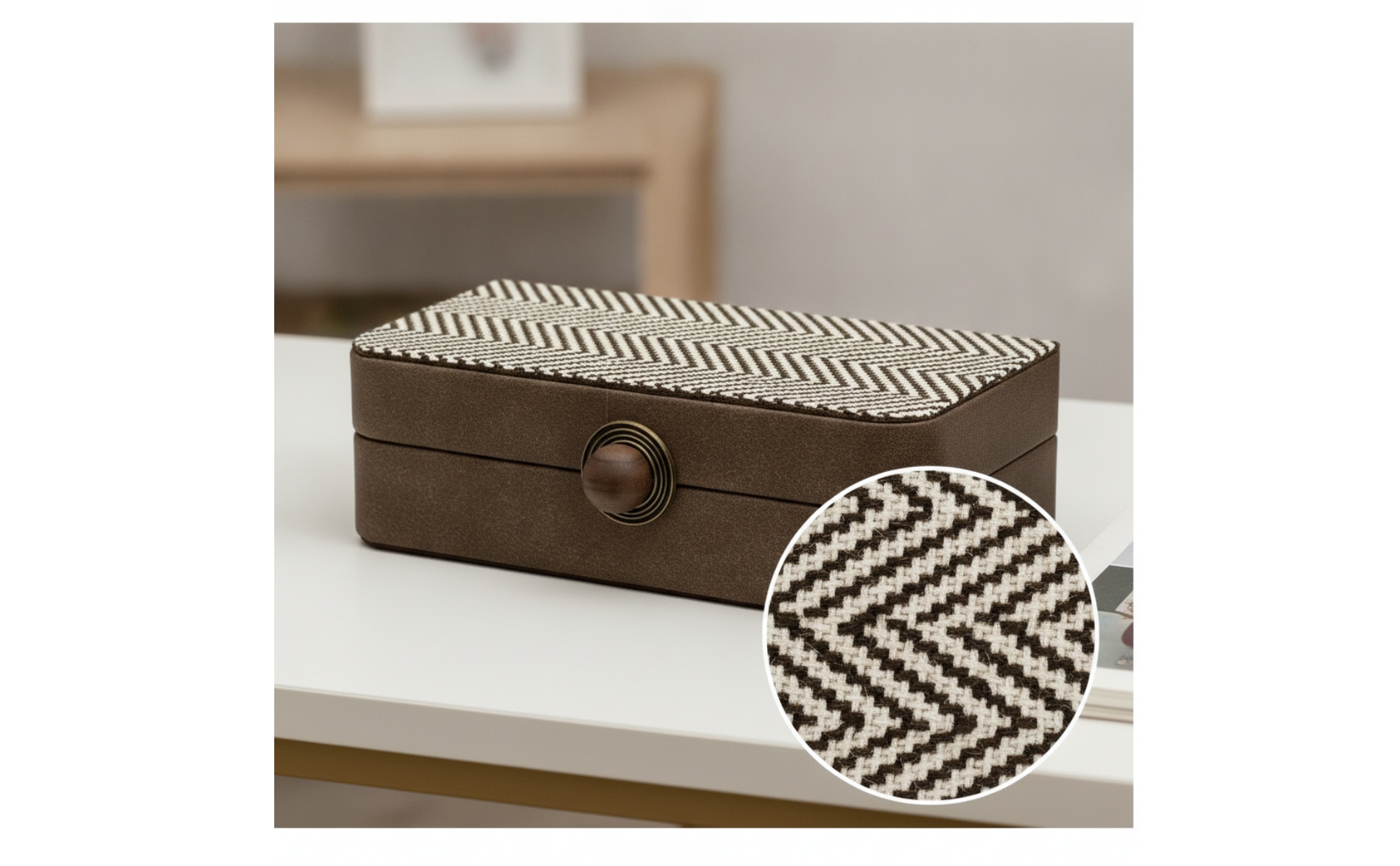 Tissue Box with Wooden Knob Leather-Like Desktop Storage Box Striped for Vanity