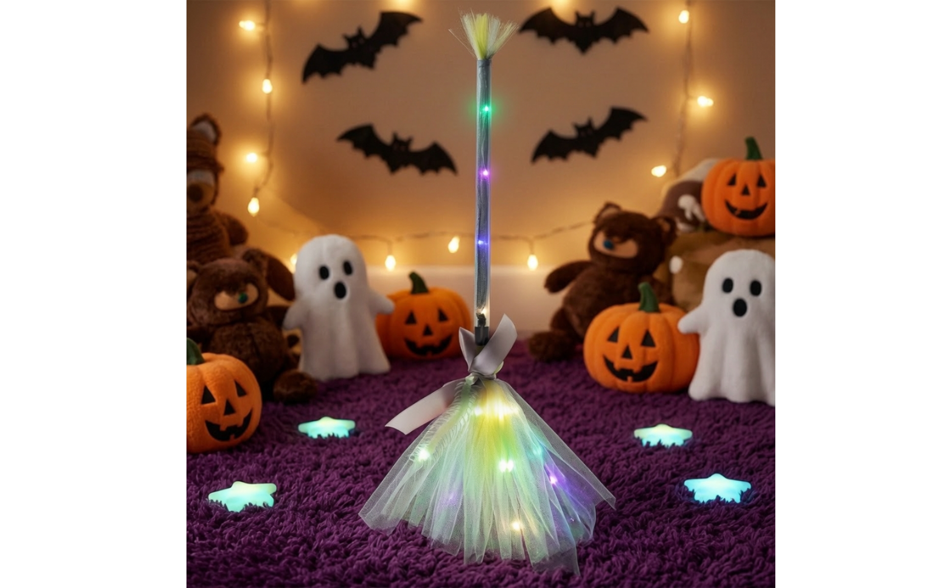 Witch Broom with LED Lights Light-up Witch Broom Glowing for Halloween, Witches