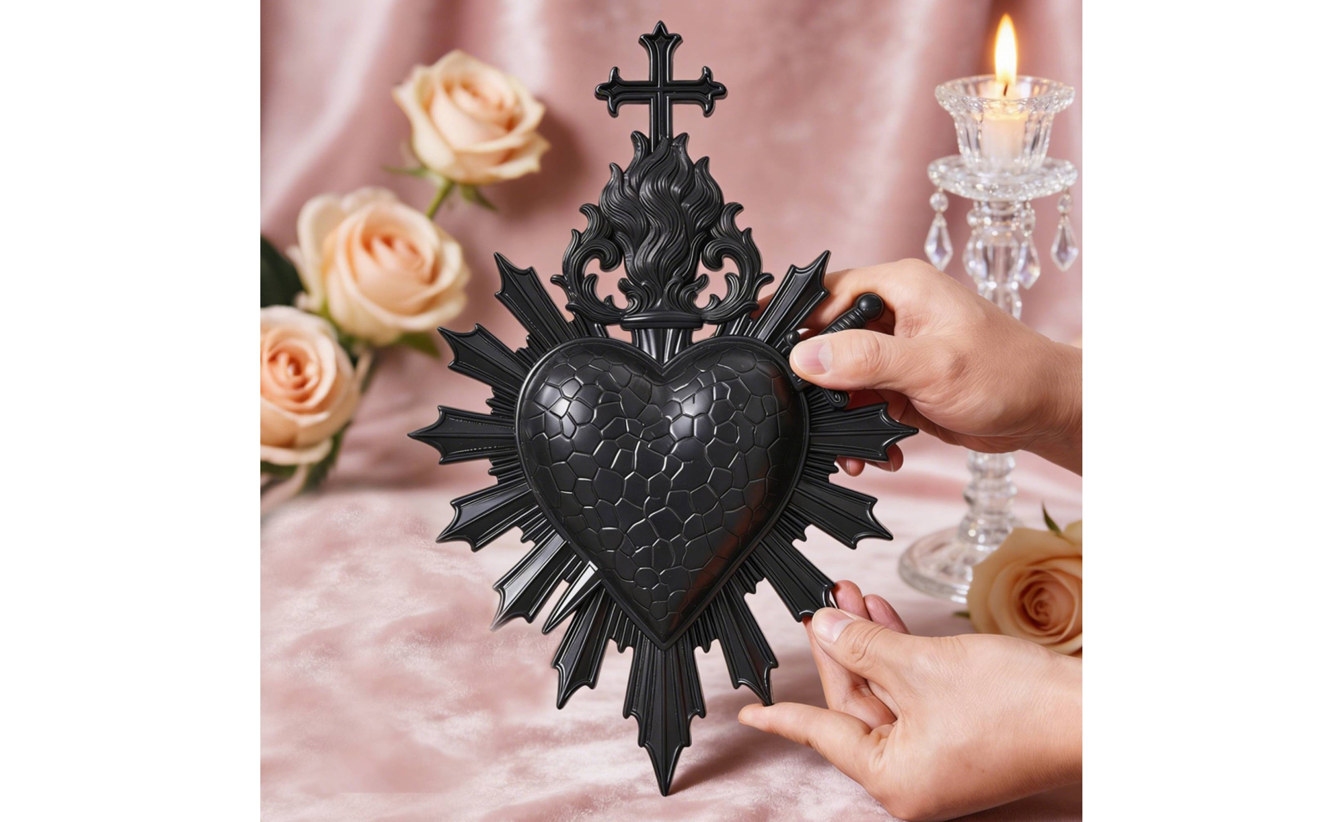 Sacred Heart Plaque Gothic Heart Wall Decor with Cross Religious for Entryway