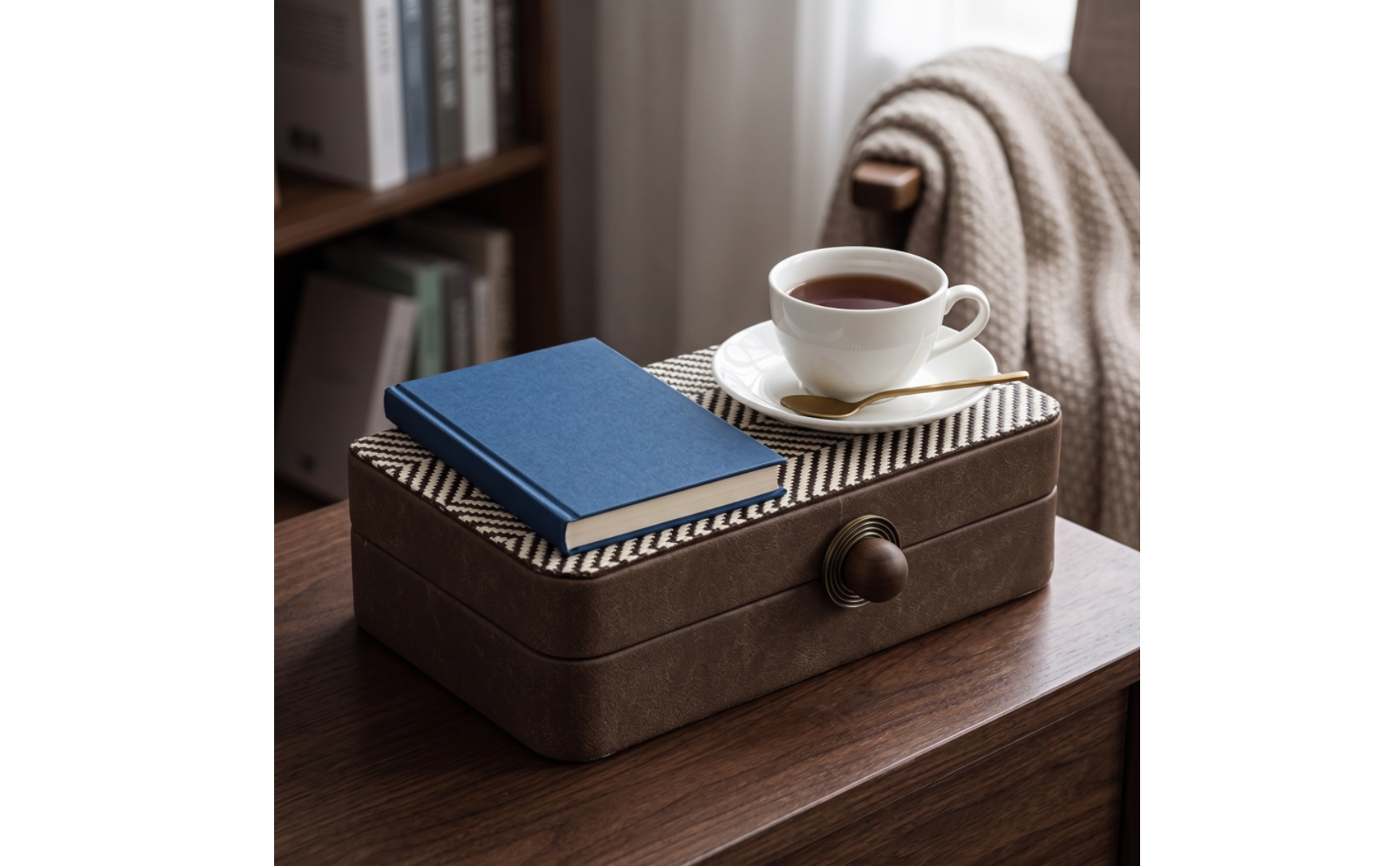 Tissue Box with Wooden Knob Leather-Like Desktop Storage Box Striped for Vanity