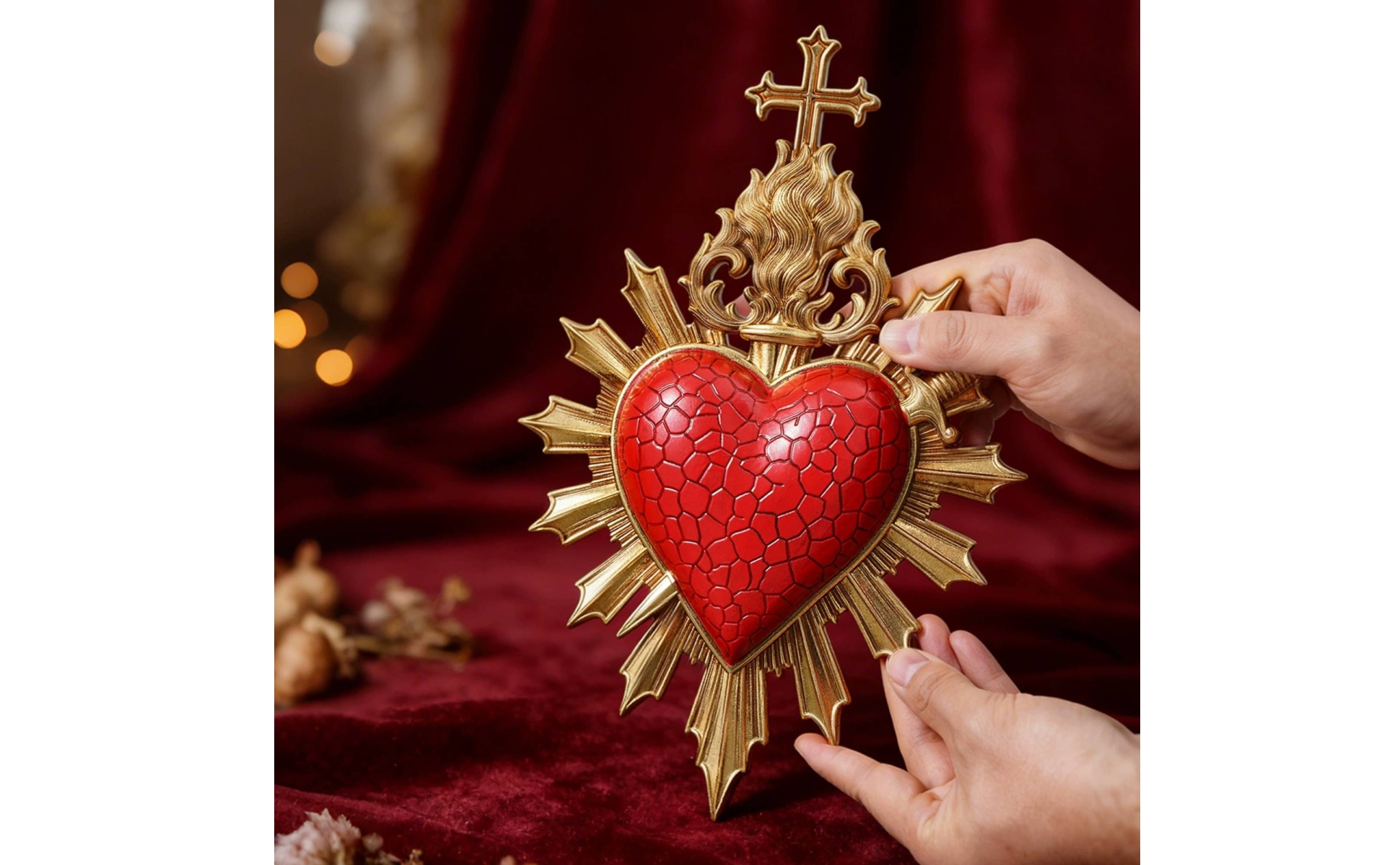 Sacred Heart Plaque Gothic Heart Wall Decor with Cross Religious for Entryway