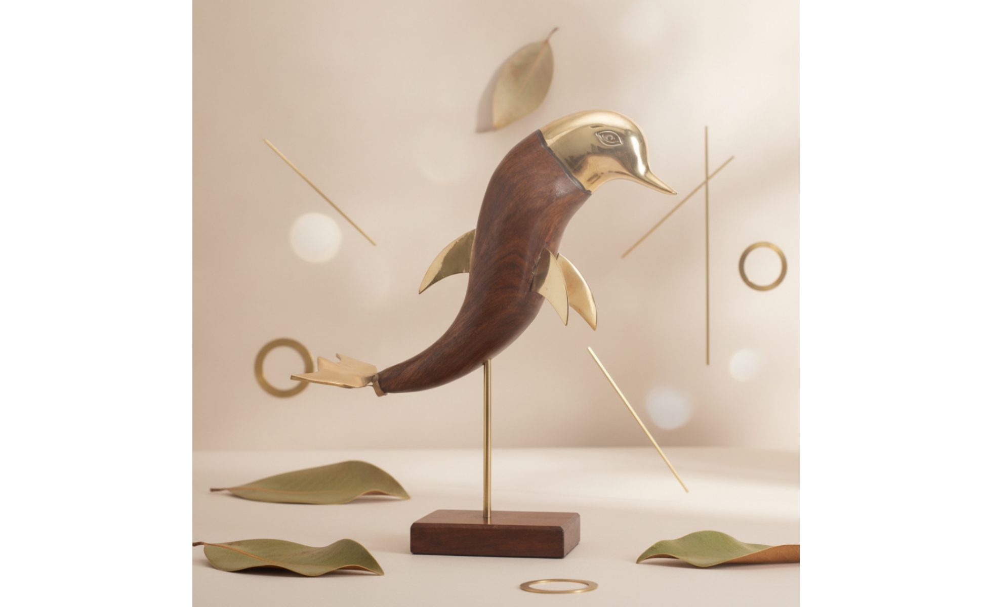 Dauphin En Bois et Métal Décoratif Figurine de Dauphin Élégant pour Bibliothèque
