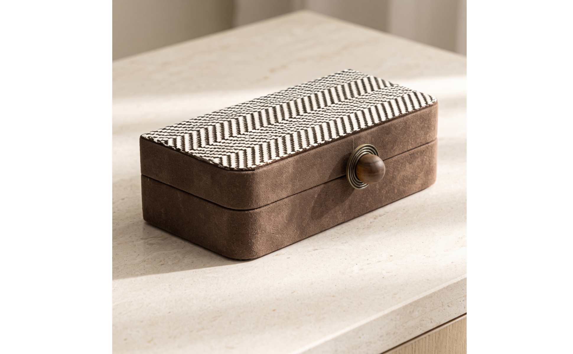 Tissue Box with Wooden Knob Leather-Like Desktop Storage Box Striped for Vanity